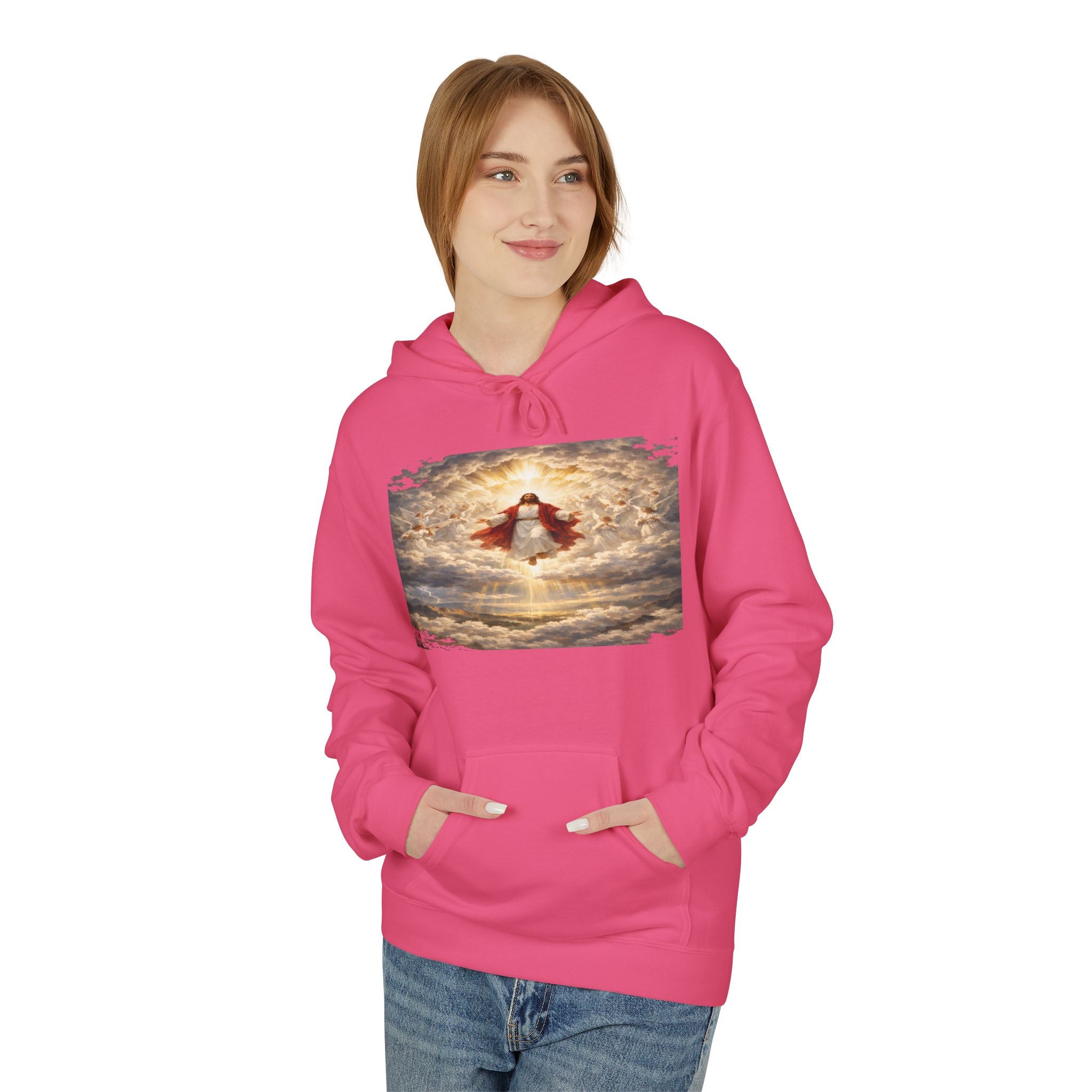 Jesus Christ Second Coming-Angel in the Clouds Hoodie — Spiritual Sunrise Graphic Hoodie