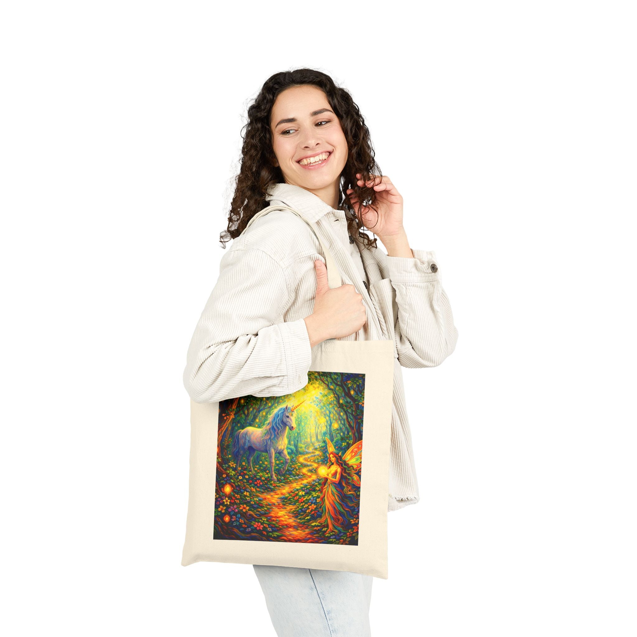 Unicorn & Fairy Canvas Tote Bag — Mystical Forest Art Cotton Tote