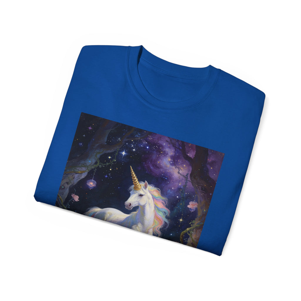 Unicorn Fantasy Cotton T‑Shirt — Enchanted Night Forest Graphic Tee