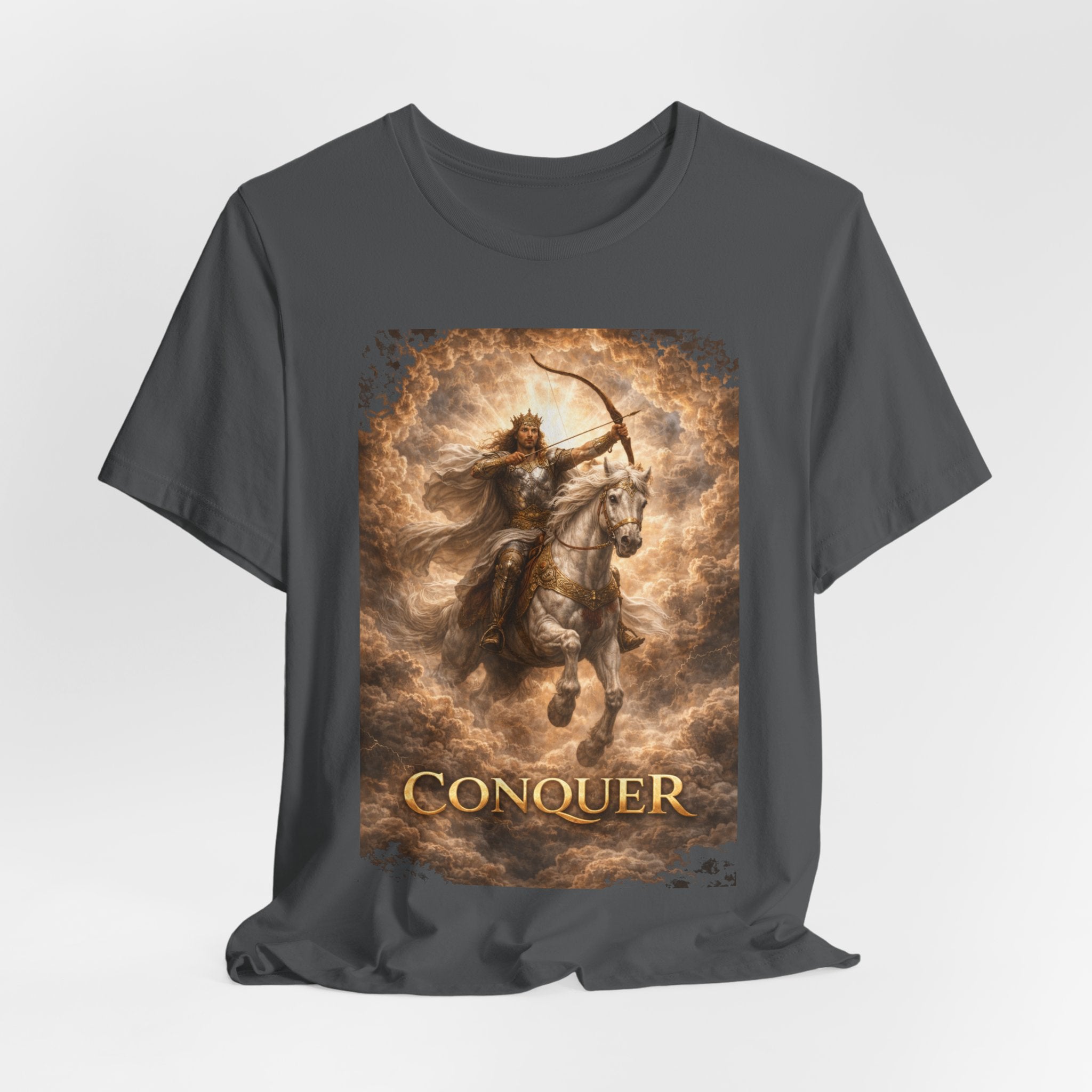 The white horse from Revelation 6:1-2! T‑Shirt — "Conquer" Warrior Archer Graphic Tee
