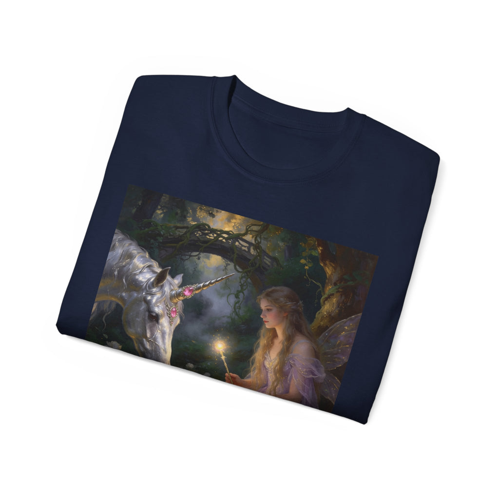 Unicorn Night Fairy Cotton T‑Shirt — Enchanted Girl & Unicorn Art Tee