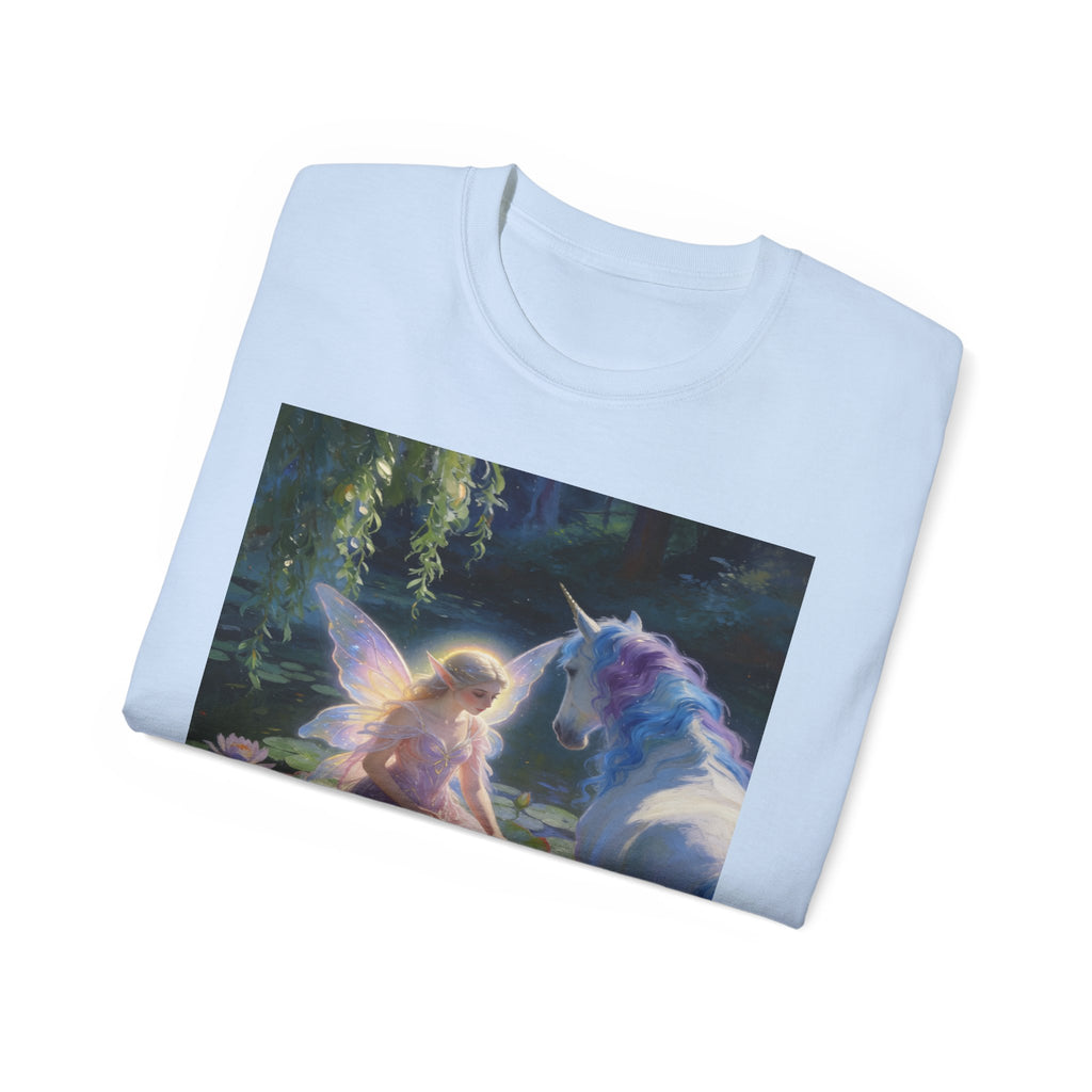 Fairy and Unicorn Cotton Tee — Enchanted Forest Fantasy T-Shirt