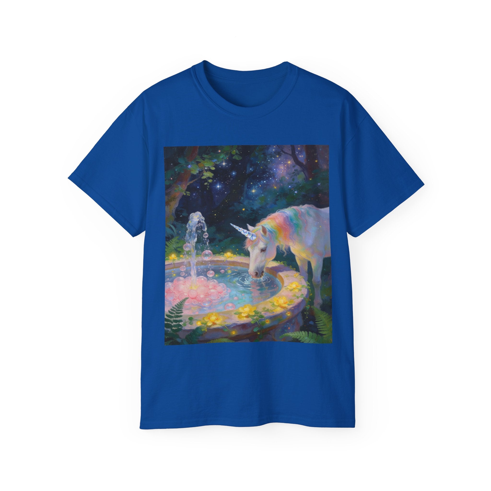 Unicorn Night Garden Tee — Rainbow Unicorn at Moonlit Fountain T-Shirt