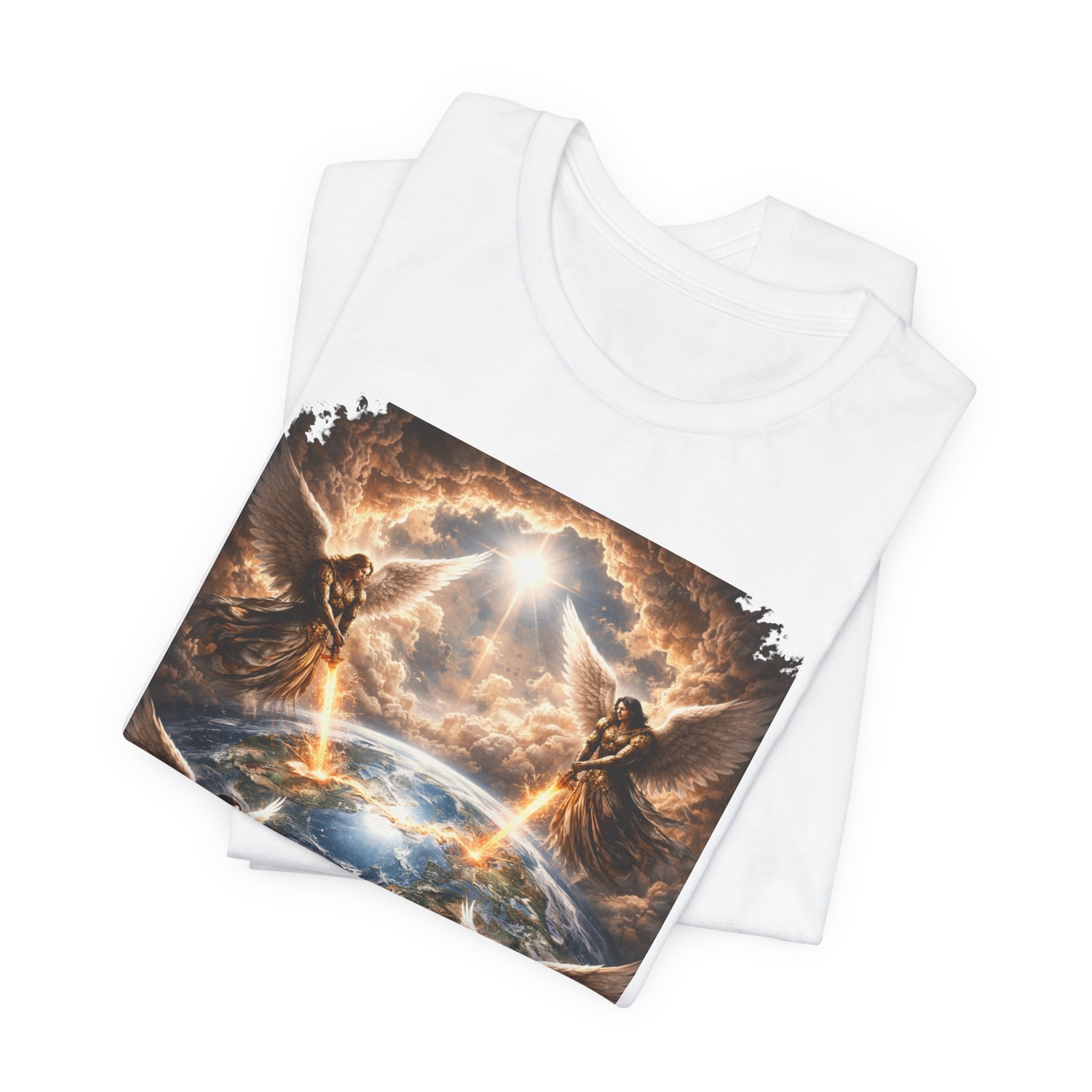 Revelation 7:1 Four angels standing on the four corners of the earth as seen from heaven-when the secound comingis near T‑Shirt — Heavenly Earth & Angels Graphic Tee
