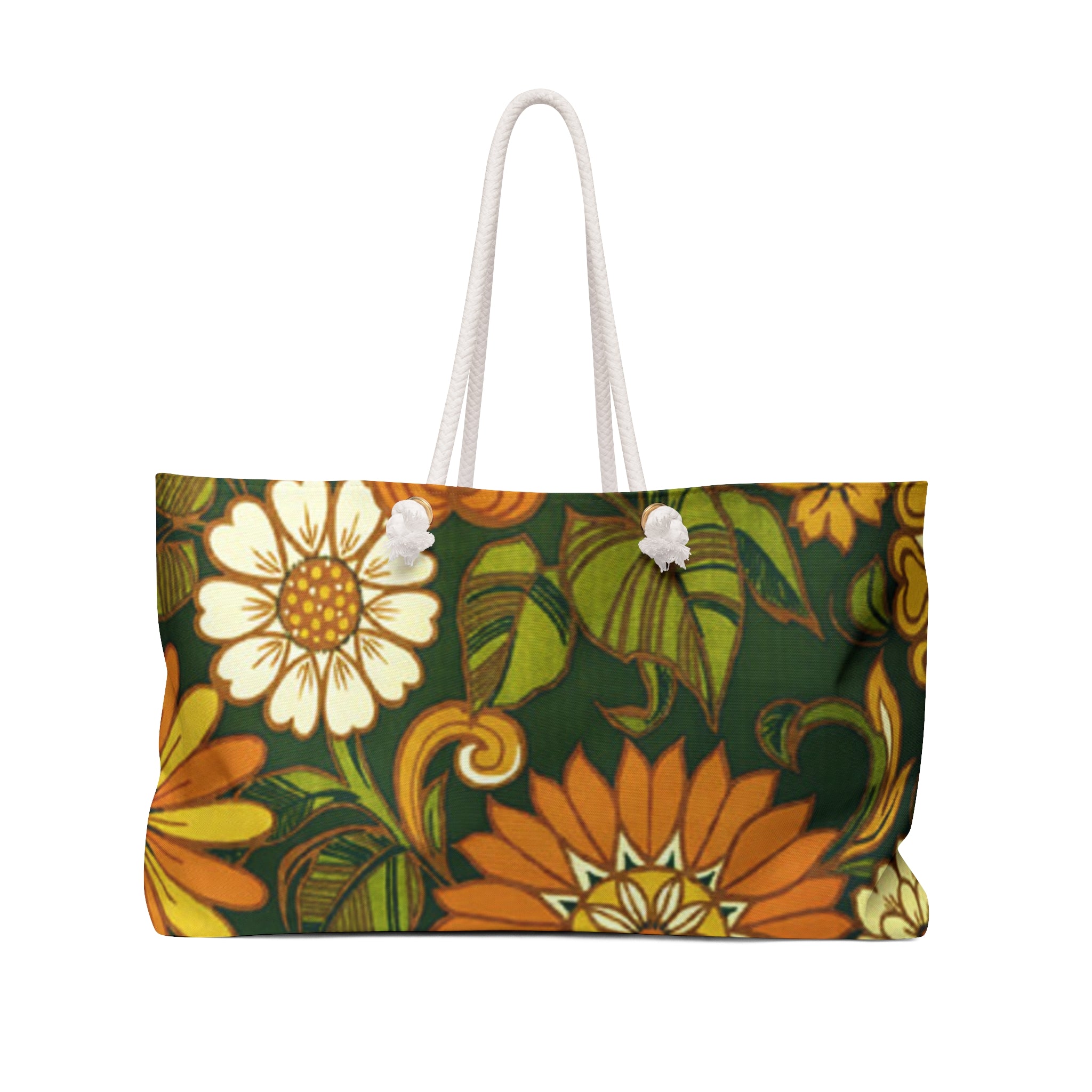 Floral Retro Weekender Bag — Vintage Orange & Green Flower Travel Tote