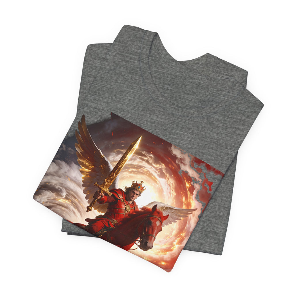 The red horse from Revelation 6:3-4-Winged Knight Riding Red Horse Graphic Tee — Warrior T-Shirt