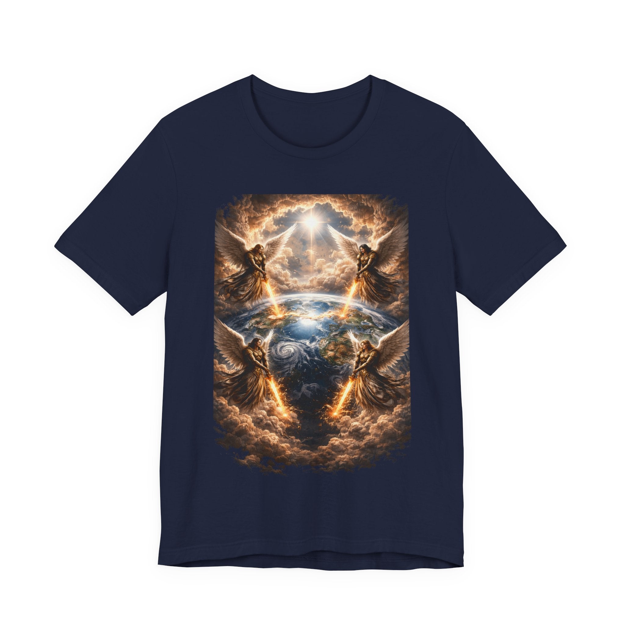 Revelation 7:1 Four angels standing on the four corners of the earth as seen from heaven-when the secound comingis near T‑Shirt — Heavenly Earth & Angels Graphic Tee