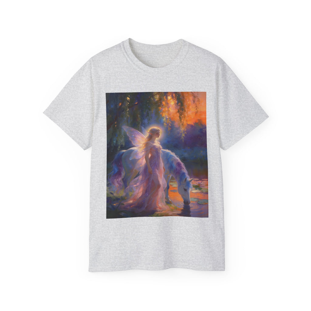 Fairy and Unicorn Fantasy Cotton T-Shirt — Ethereal Sunset Magic Tee