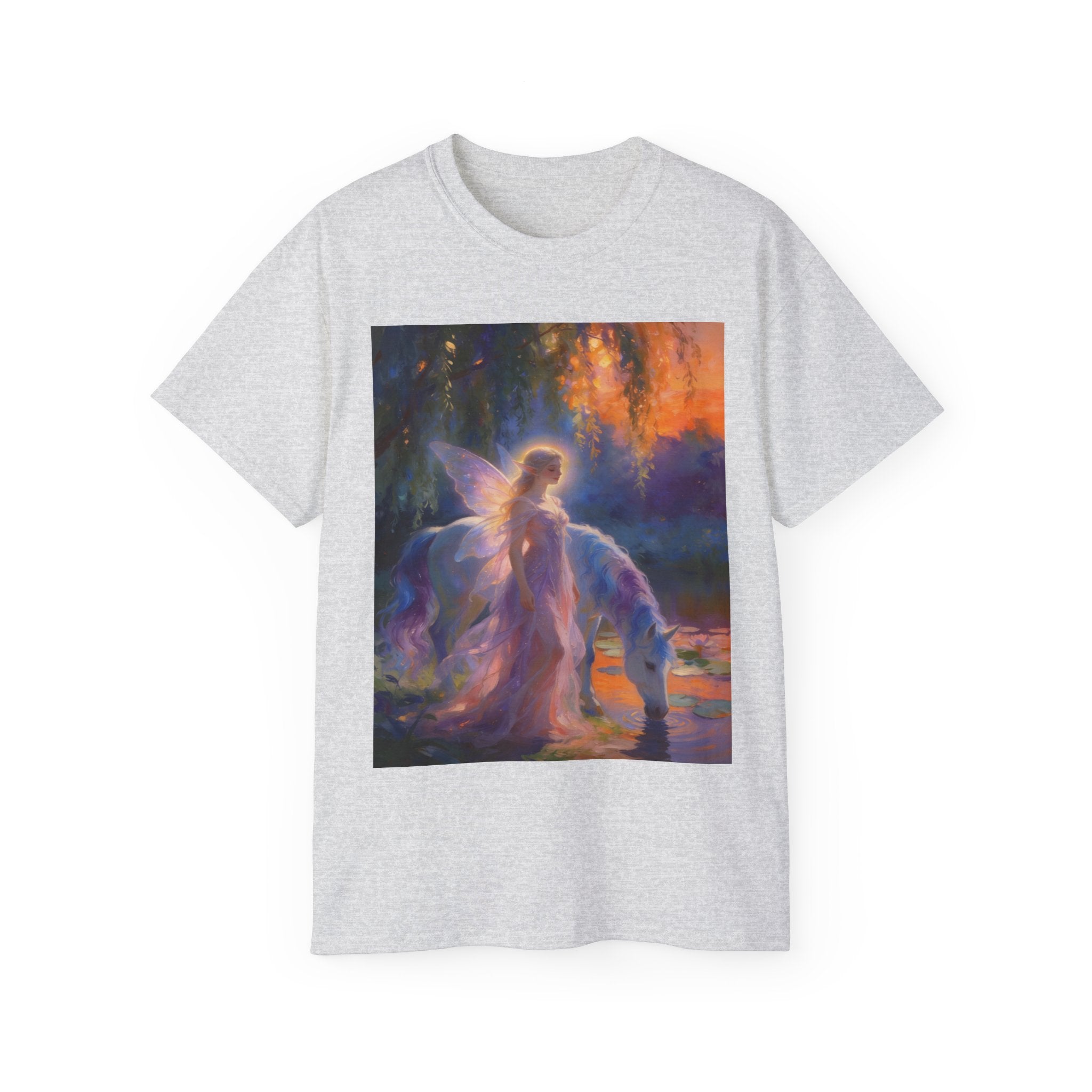 Fairy and Unicorn Fantasy Cotton T-Shirt — Ethereal Sunset Magic Tee