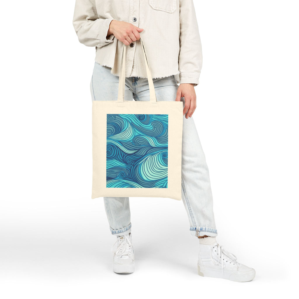 Ocean Waves Cotton Canvas Tote Bag — Blue Abstract Wave Pattern