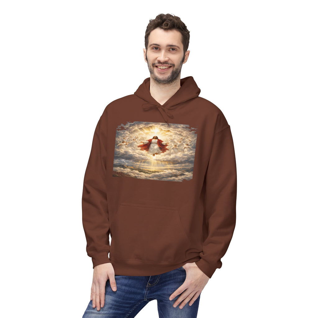 Jesus Christ Second Coming-Angel in the Clouds Hoodie — Spiritual Sunrise Graphic Hoodie
