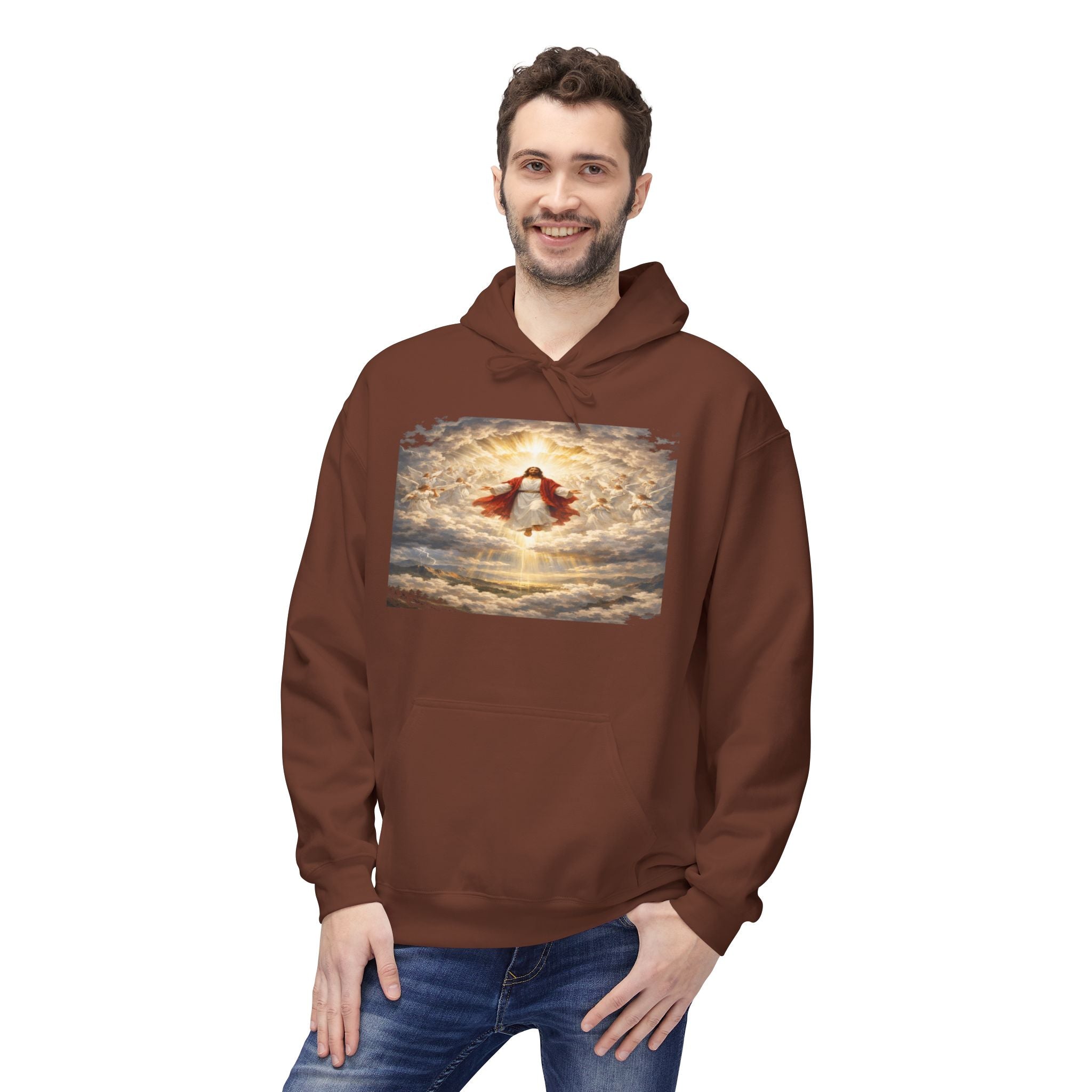 Jesus Christ Second Coming-Angel in the Clouds Hoodie — Spiritual Sunrise Graphic Hoodie