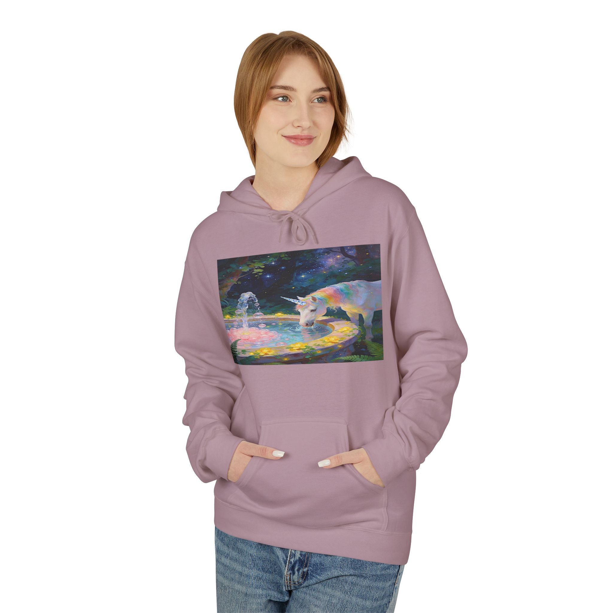 Aurora Bear & Fountain Hoodie — Dreamy Watercolor Wildlife Pullover