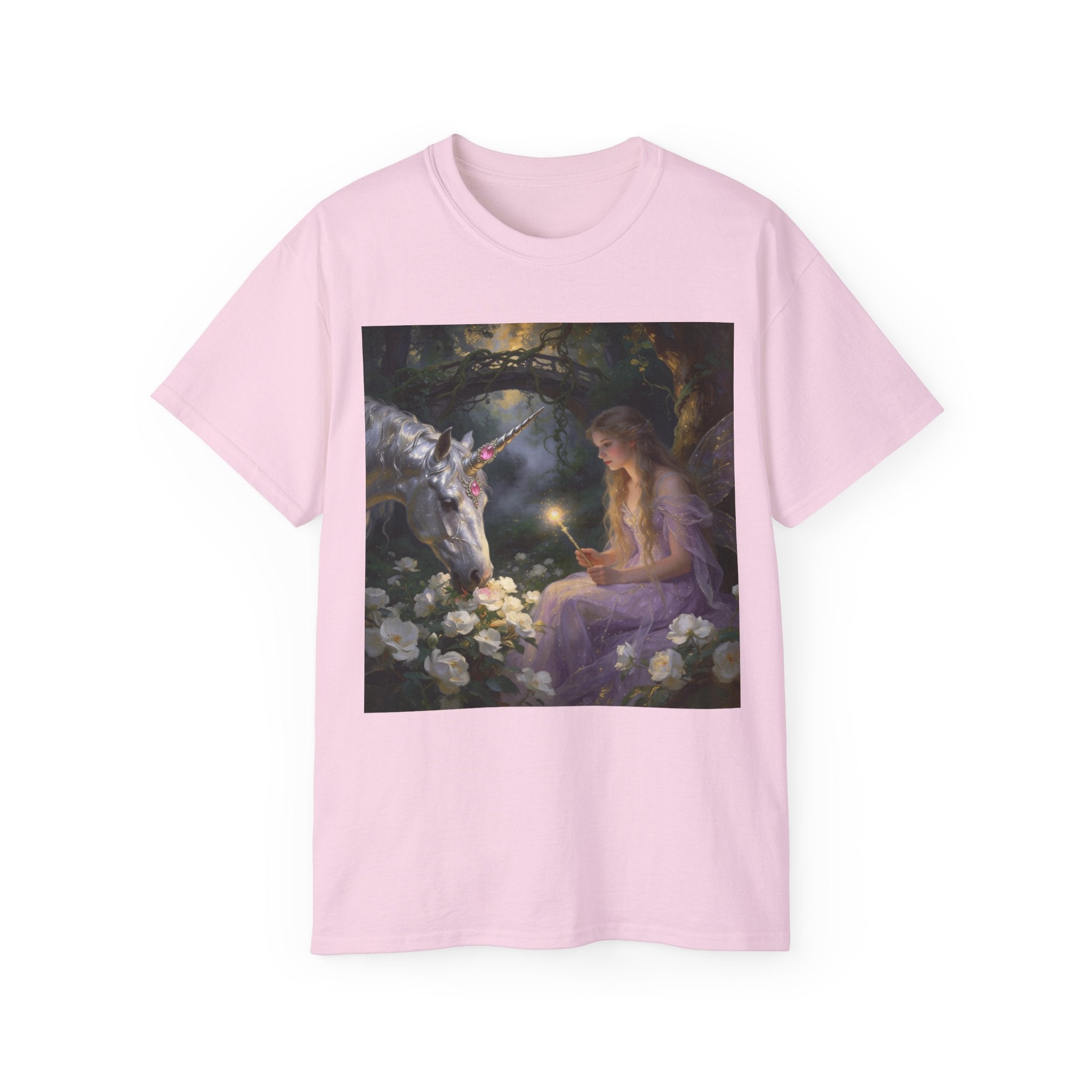 Unicorn Night Fairy Cotton T‑Shirt — Enchanted Girl & Unicorn Art Tee