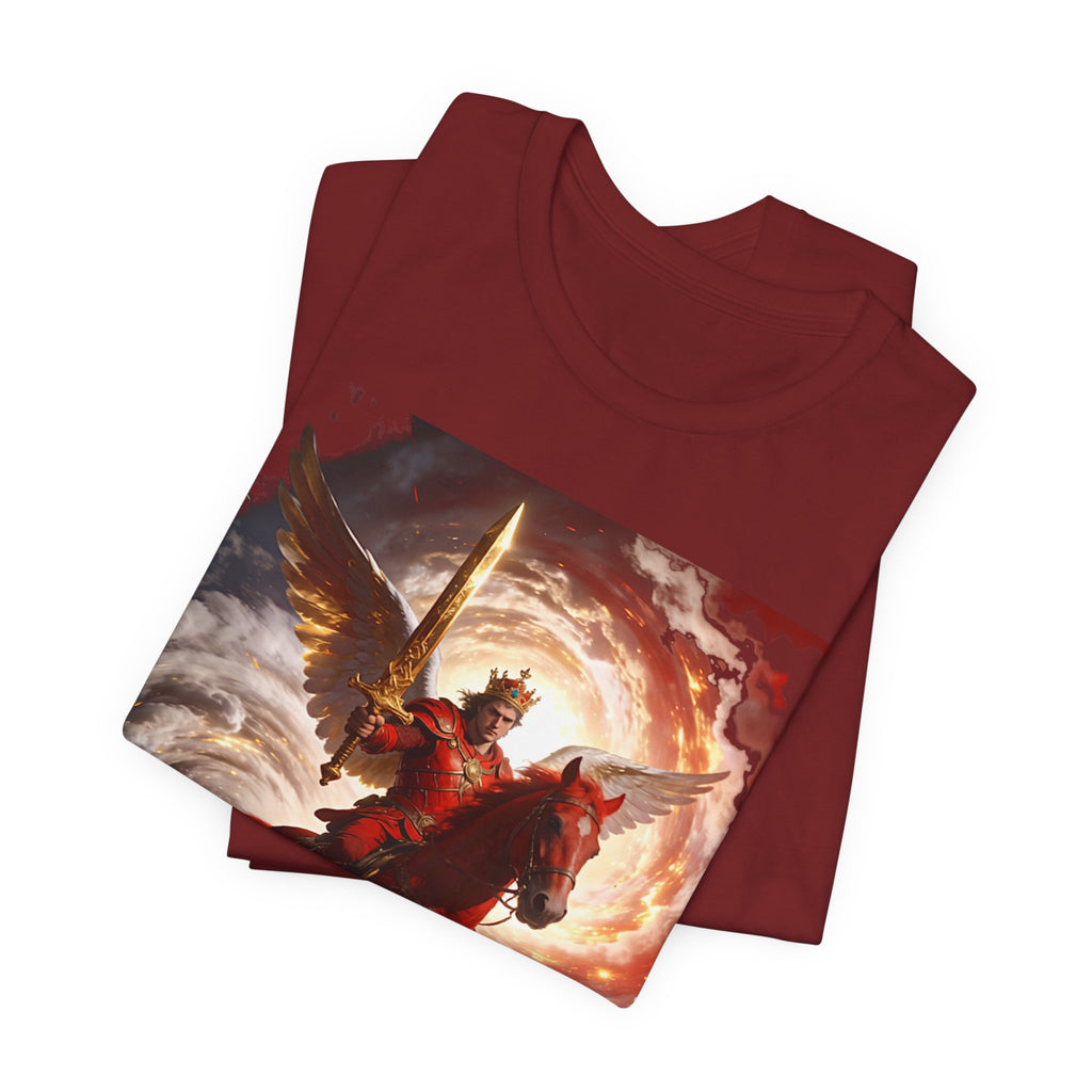 The red horse from Revelation 6:3-4-Winged Knight Riding Red Horse Graphic Tee — Warrior T-Shirt