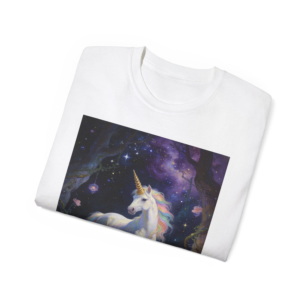 Unicorn Fantasy Cotton T‑Shirt — Enchanted Night Forest Graphic Tee