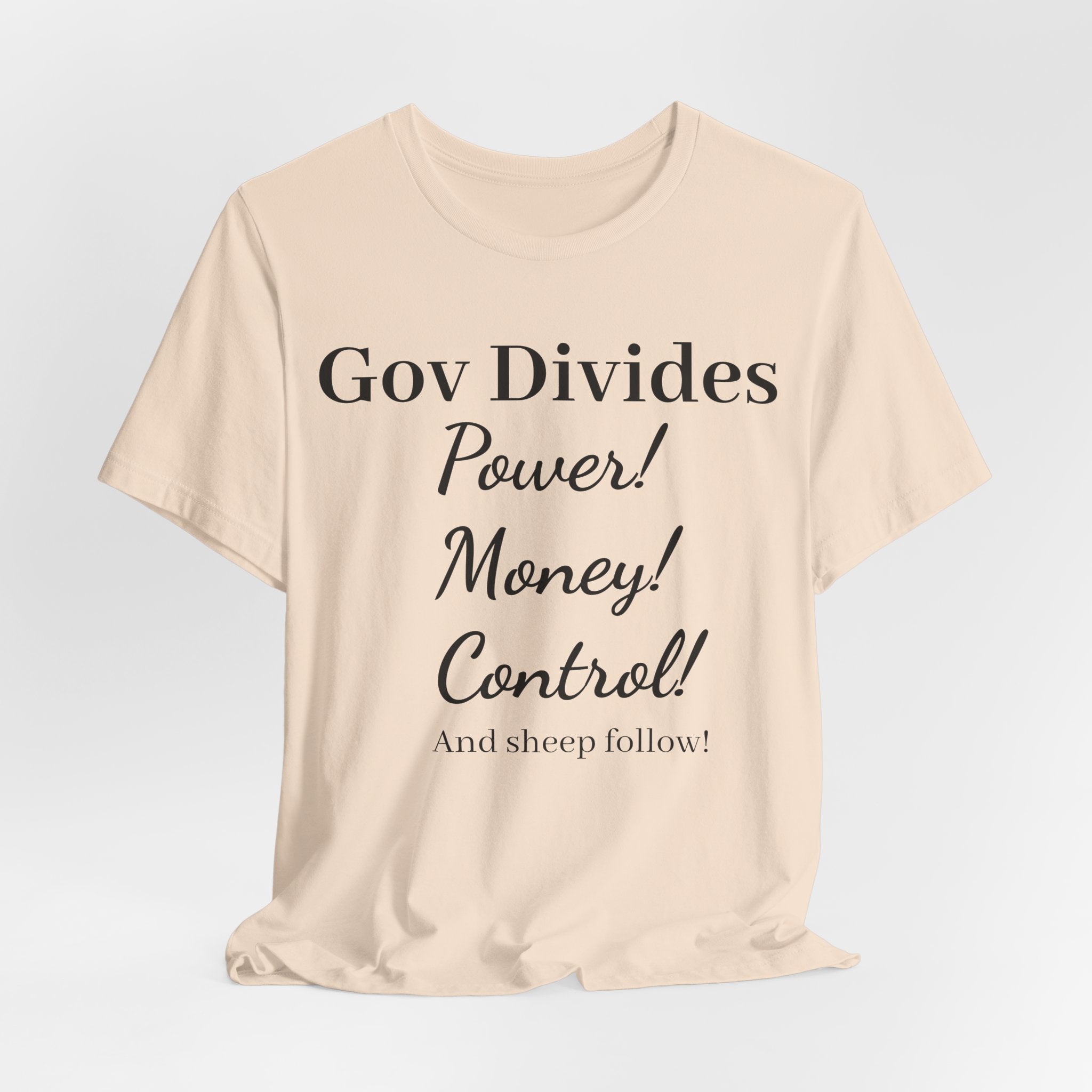 Gov Divides T‑Shirt – "Gov Divides: Power! Money! Control!" Political Statement Tee