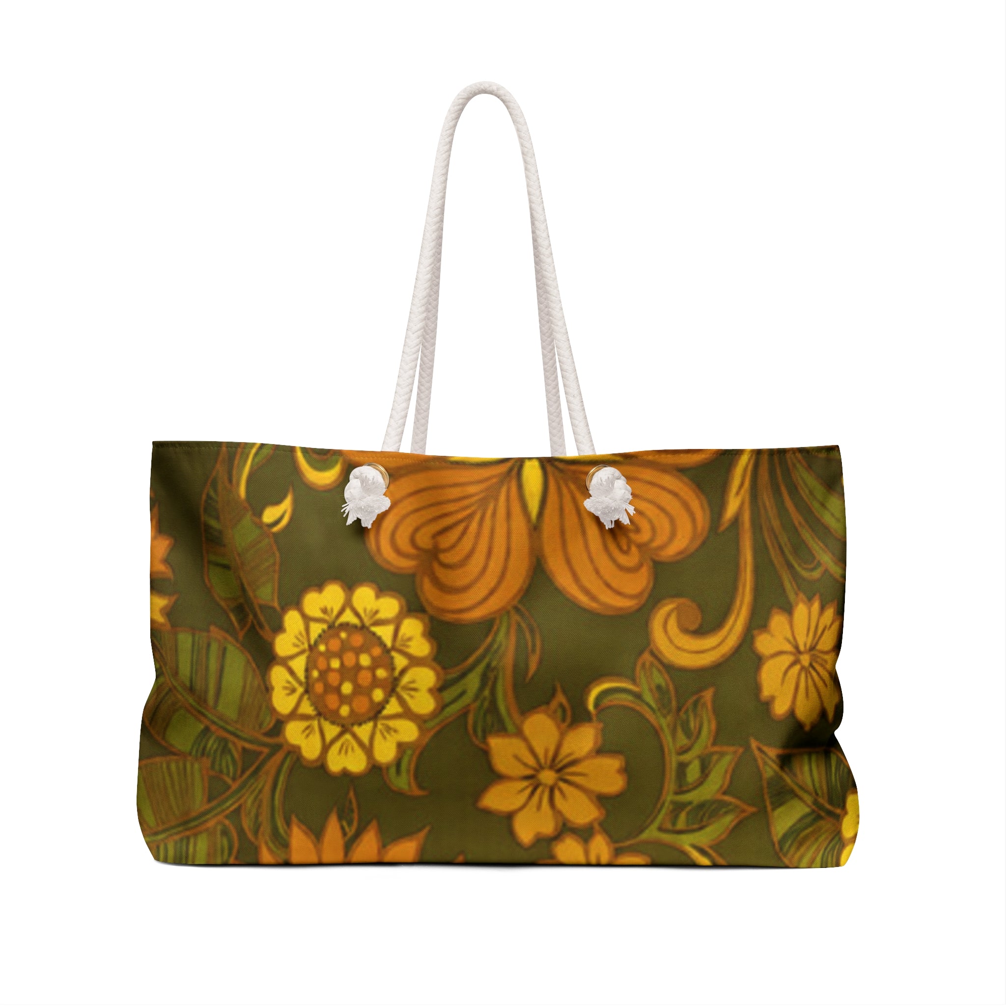 Retro Floral Weekender Bag — Vintage Orange & Olive Travel Tote