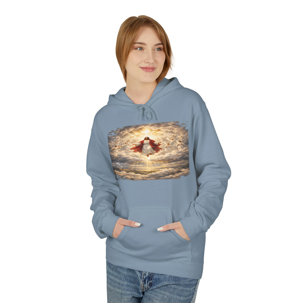 Jesus Christ Second Coming-Angel in the Clouds Hoodie — Spiritual Sunrise Graphic Hoodie