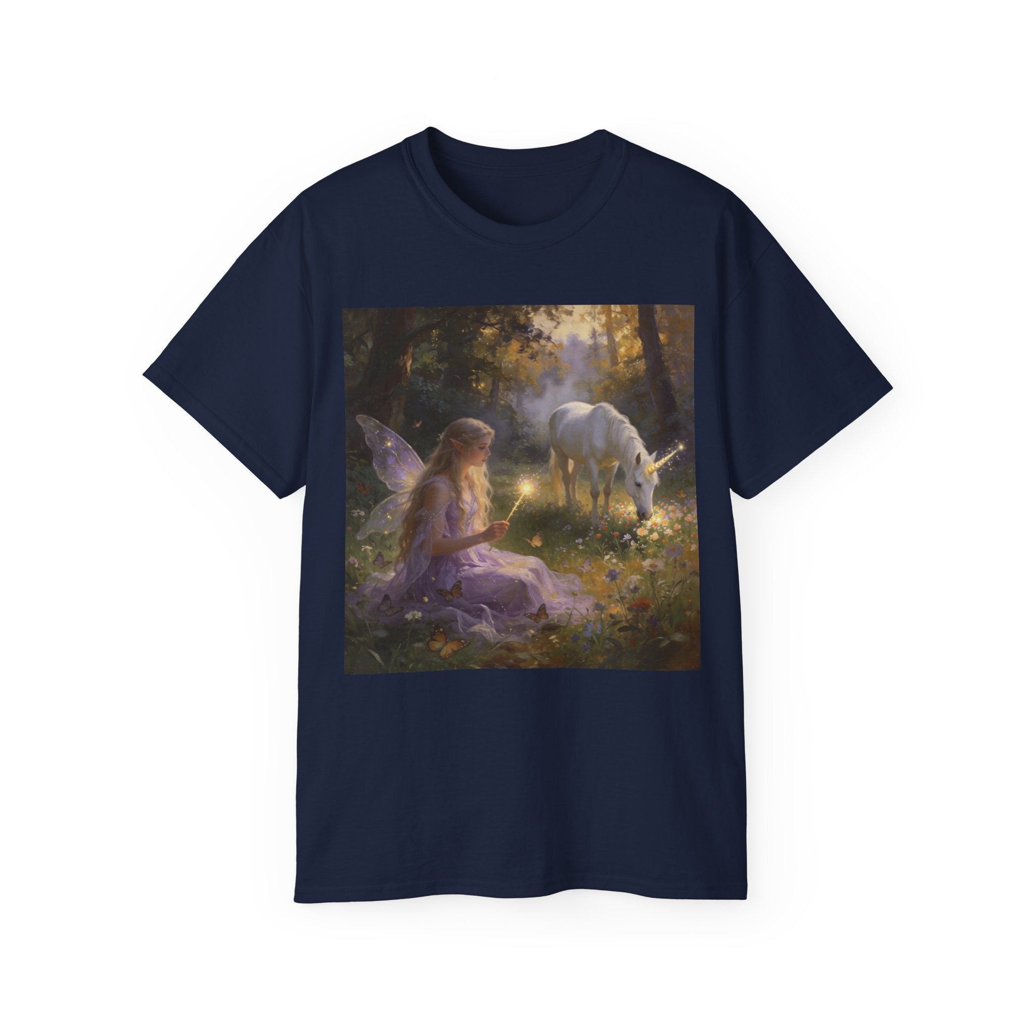 Fairy and Unicorn Cotton Forest Tee — Enchanted Fantasy Graphic T‑Shirt