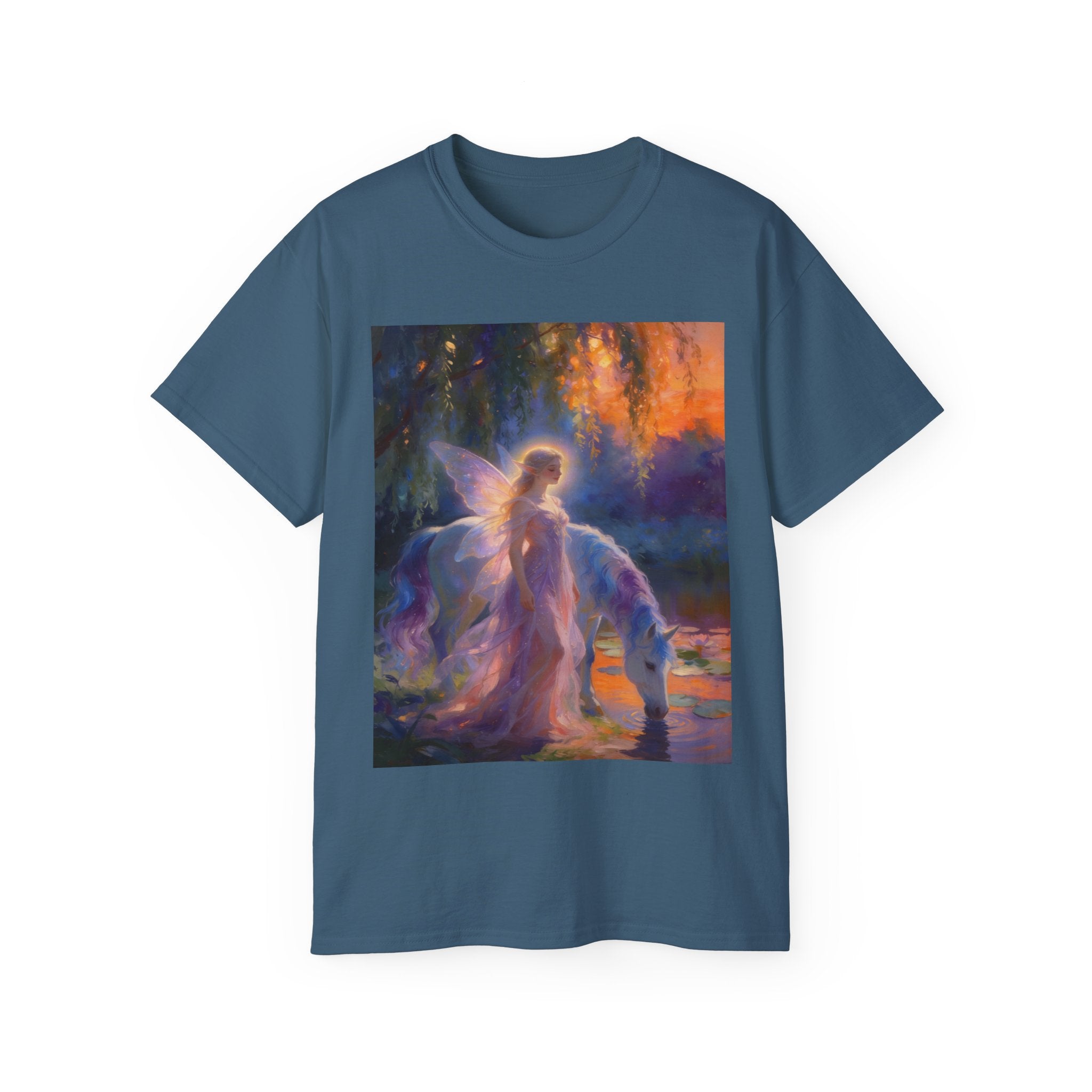 Fairy and Unicorn Fantasy Cotton T-Shirt — Ethereal Sunset Magic Tee