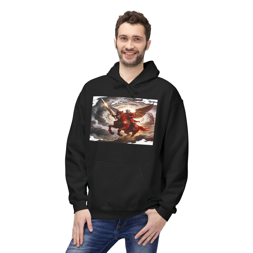 The red horse from Revelation 6:3-4 Angel Warrior Hoodie — Dramatic Archangel Battle Graphic Pullover