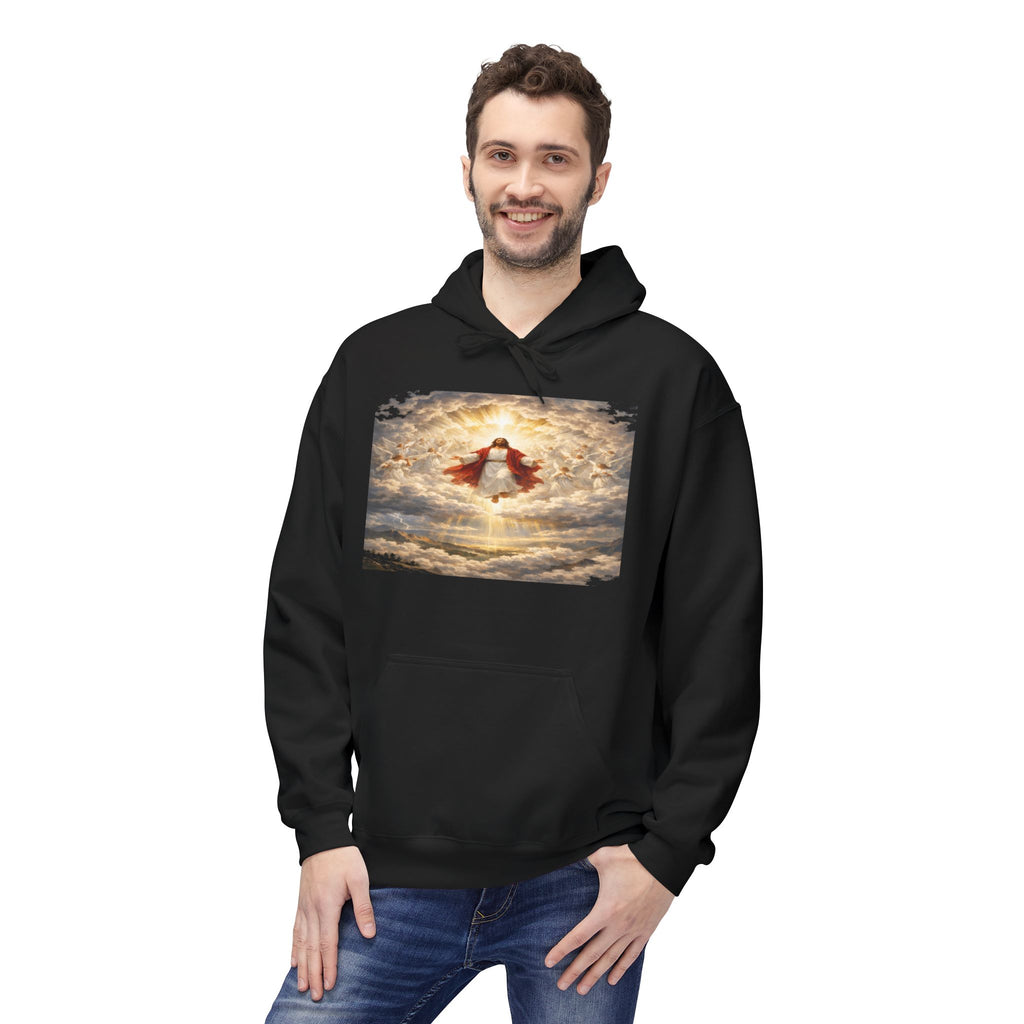 Jesus Christ Second Coming-Angel in the Clouds Hoodie — Spiritual Sunrise Graphic Hoodie