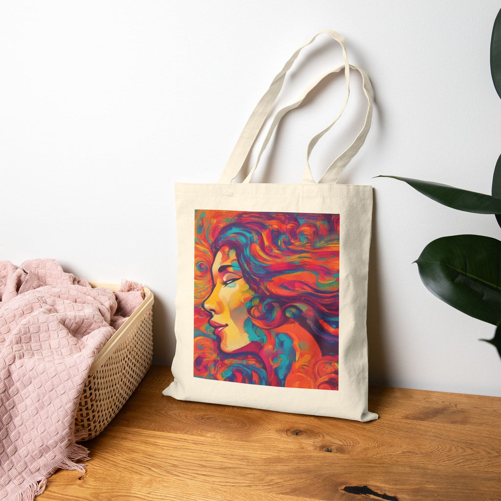 Psychedelic Woman Art Tote Bag — Colorful Boho Canvas Grocery & Beach Tote