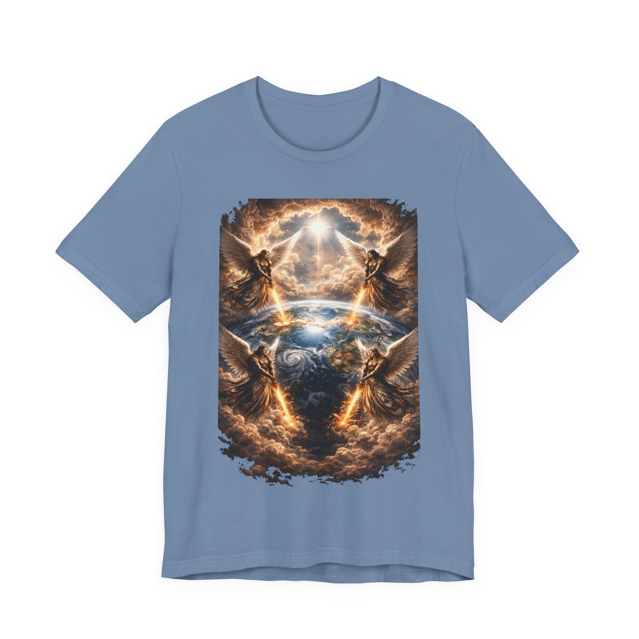 Revelation 7:1 Four angels standing on the four corners of the earth as seen from heaven-when the secound comingis near T‑Shirt — Heavenly Earth & Angels Graphic Tee