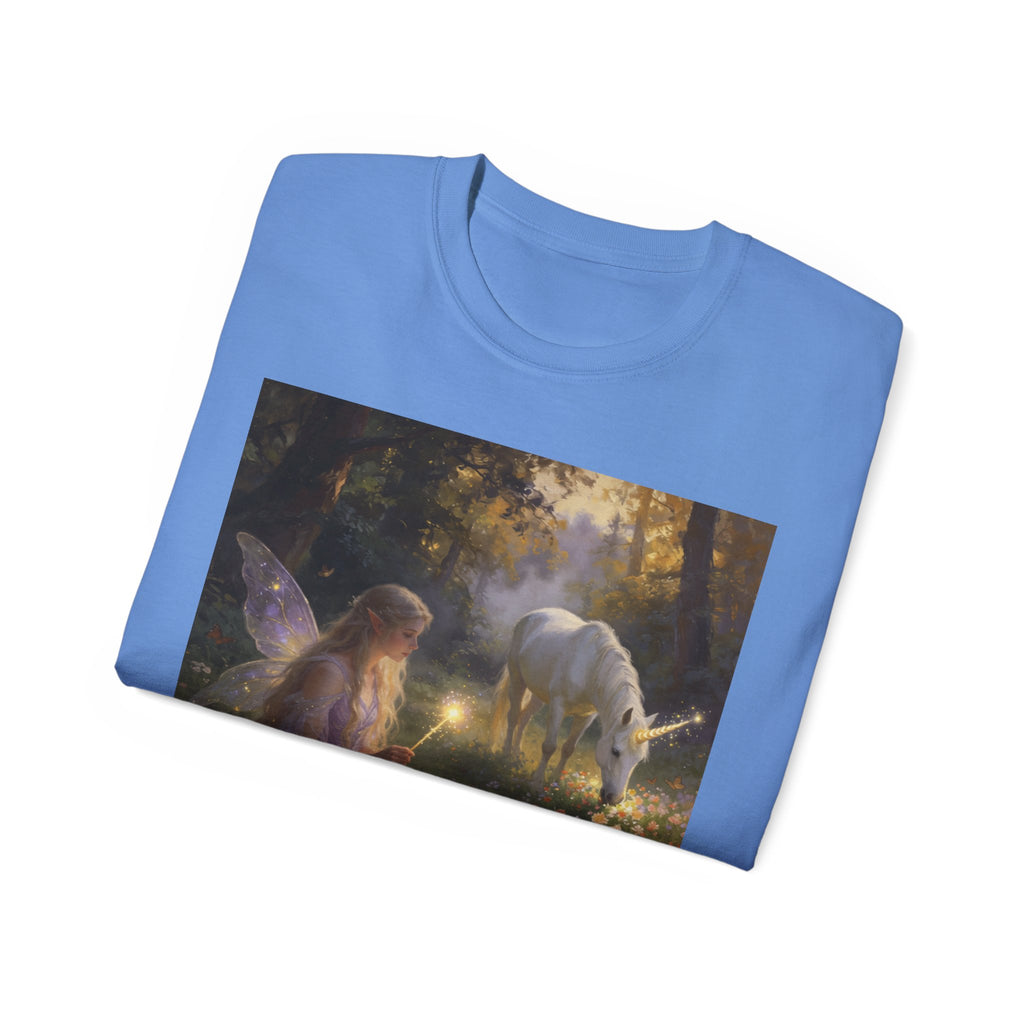 Fairy and Unicorn Cotton Forest Tee — Enchanted Fantasy Graphic T‑Shirt