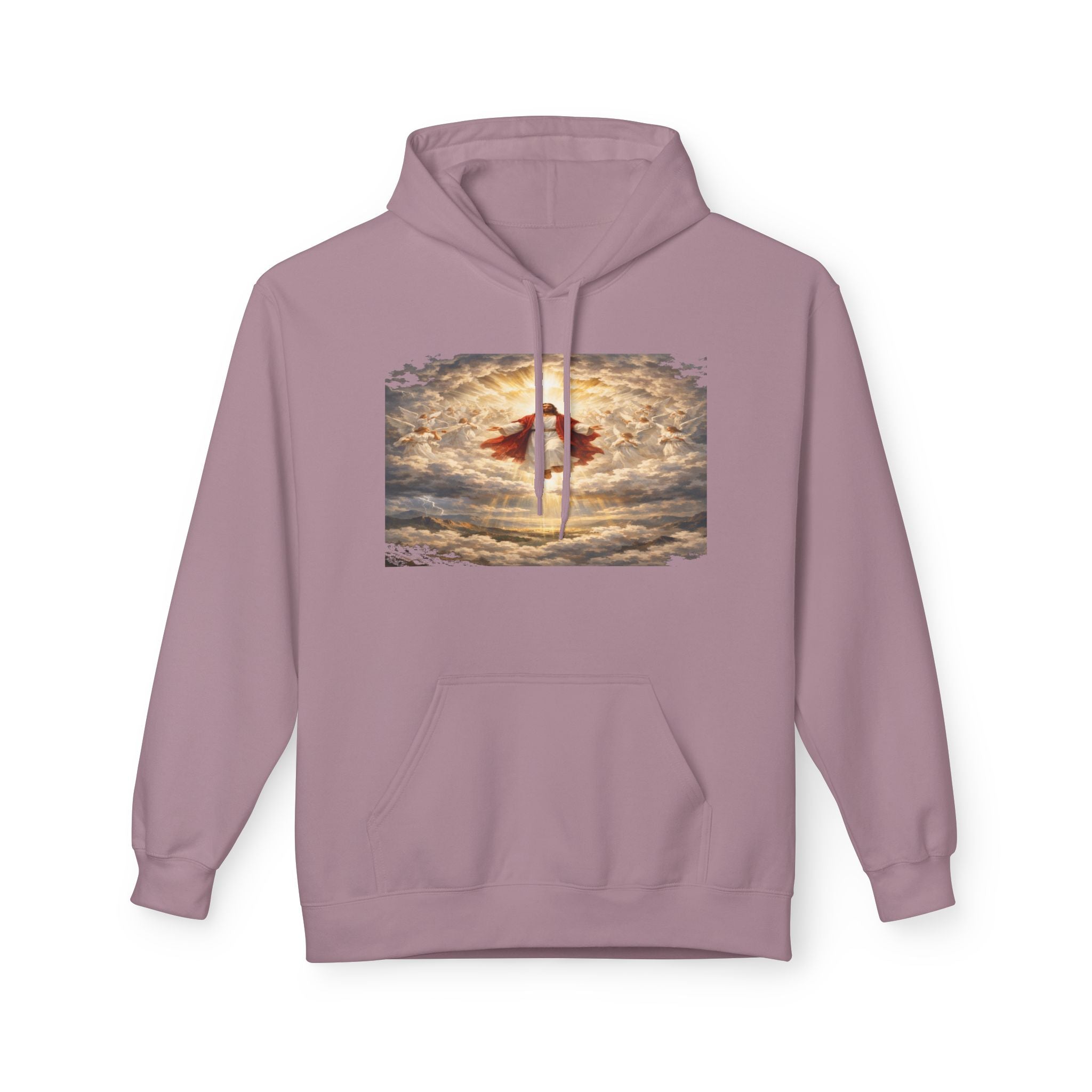 Jesus Christ Second Coming-Angel in the Clouds Hoodie — Spiritual Sunrise Graphic Hoodie
