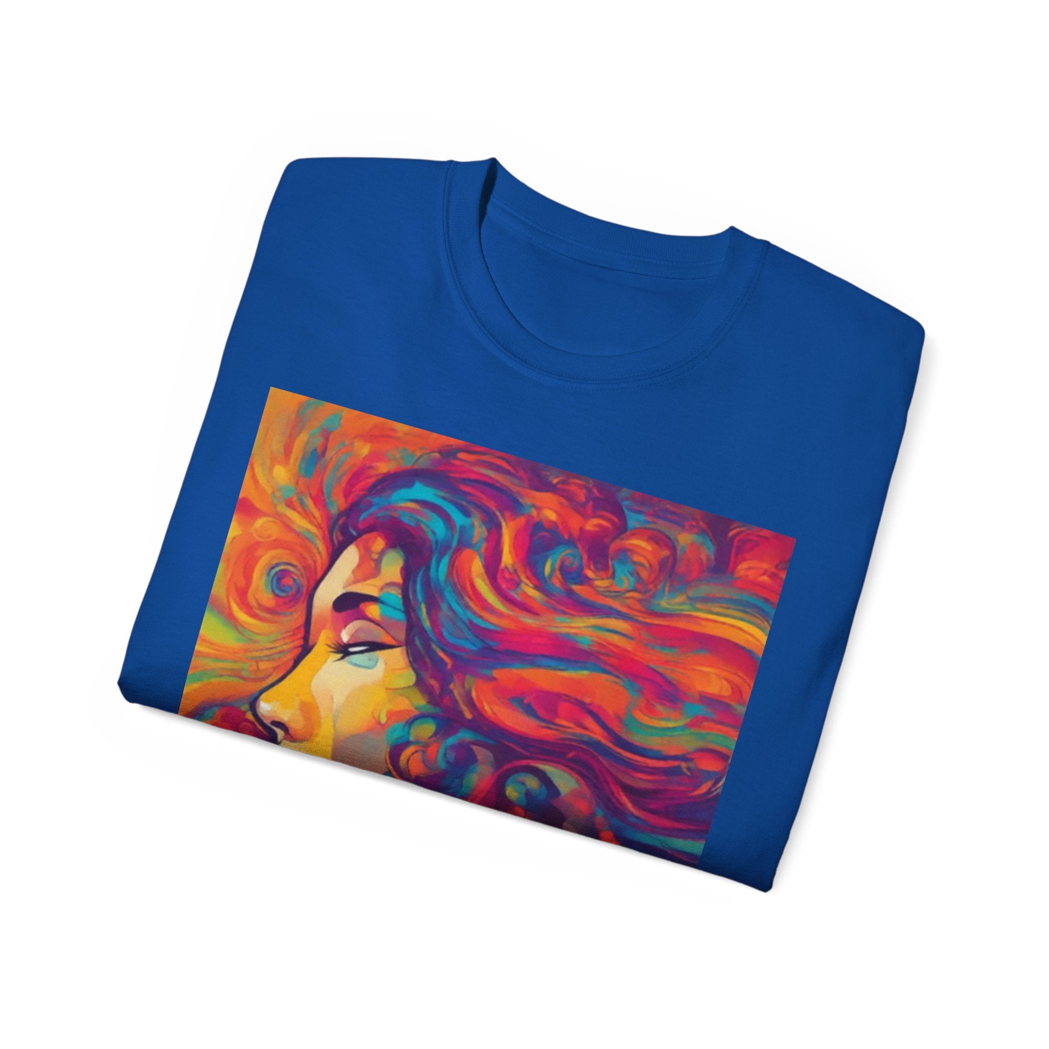 Psychedelic Woman Portrait cotton Tee — Vibrant Colorful Art T-Shirt