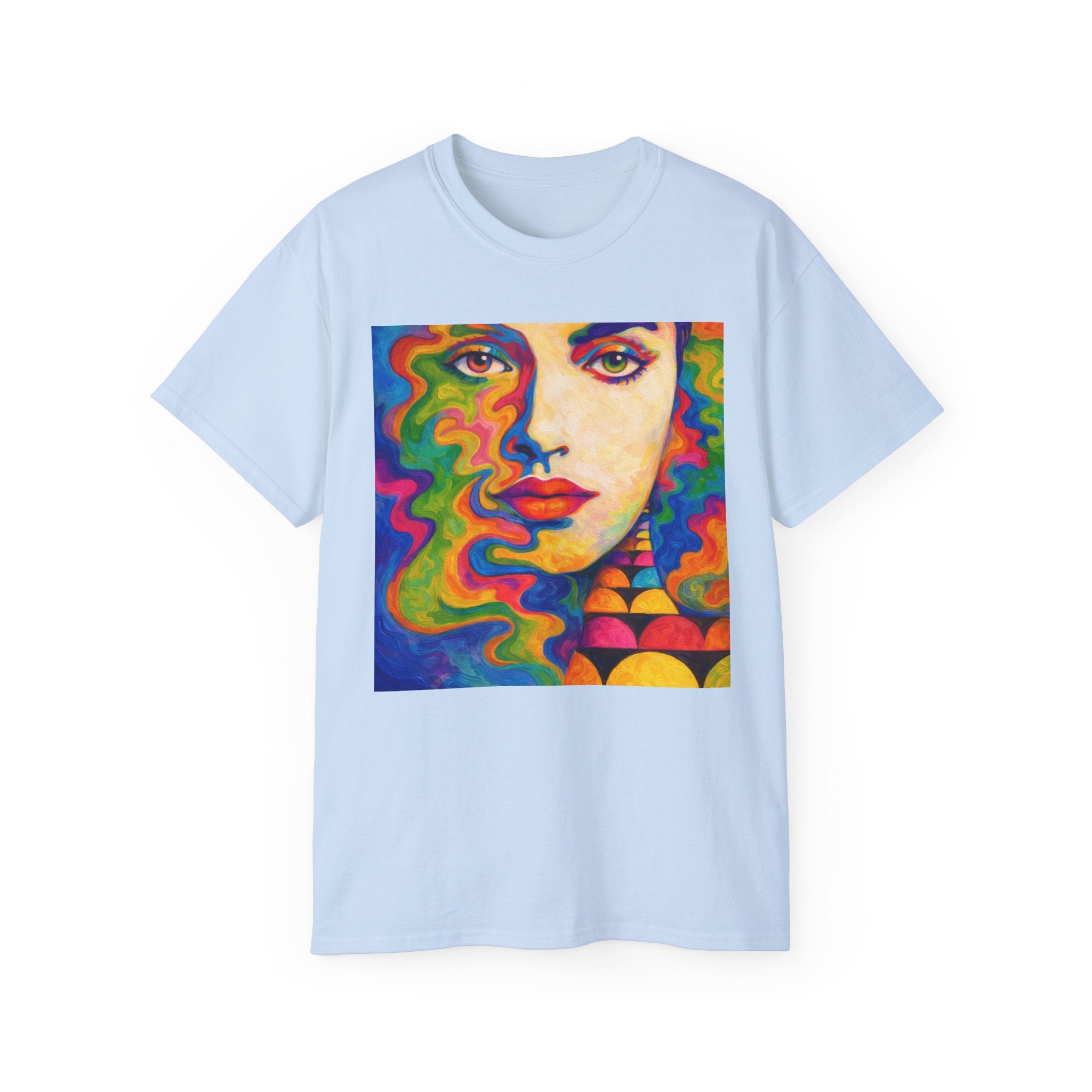 Psychedelic Portrait Cotton T‑Shirt — Colorful Retro Face Art Tee