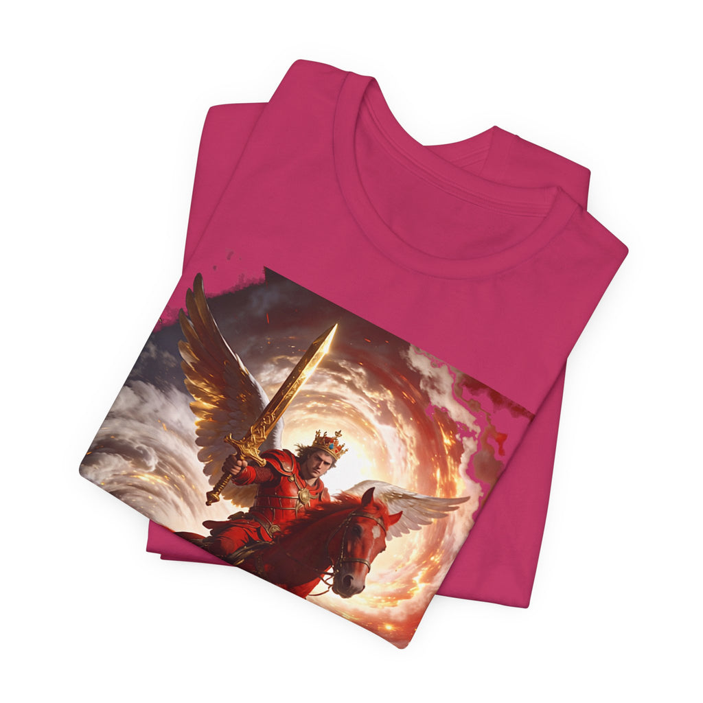 The red horse from Revelation 6:3-4-Winged Knight Riding Red Horse Graphic Tee — Warrior T-Shirt