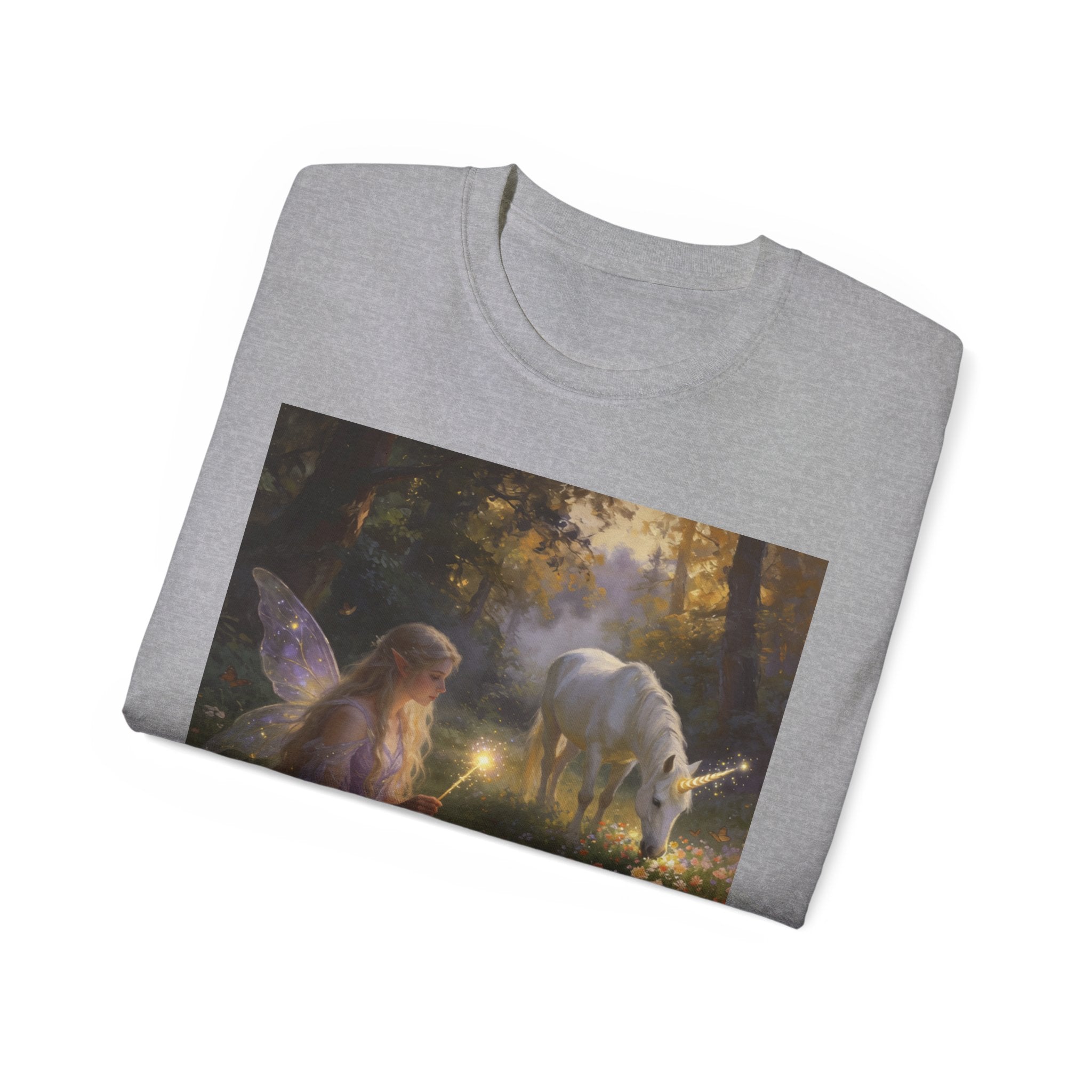 Fairy and Unicorn Cotton Forest Tee — Enchanted Fantasy Graphic T‑Shirt