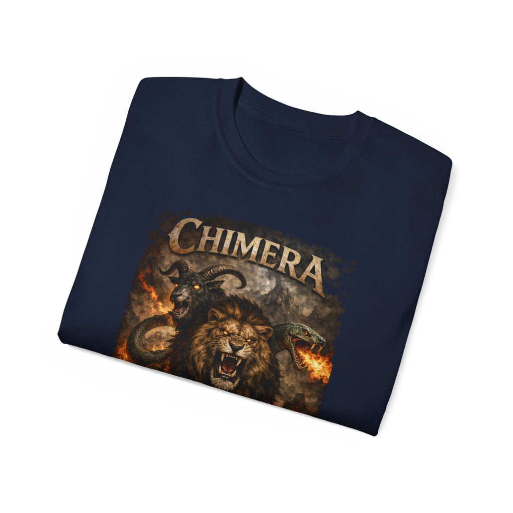 Chimera Mythical Beast - A Creature Born of Conflict Cotton Tee — Fierce Lion-Dragon Wolf Design