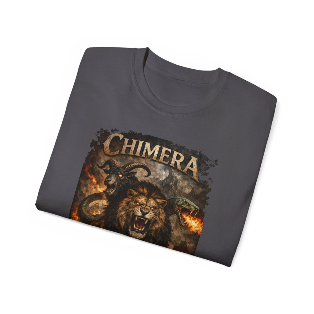 Chimera Mythical Beast - A Creature Born of Conflict Cotton Tee — Fierce Lion-Dragon Wolf Design