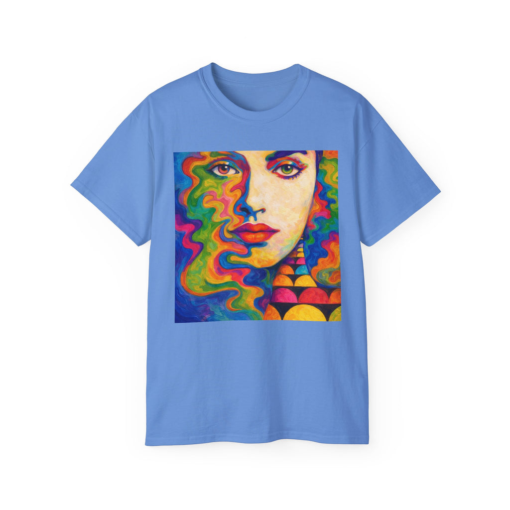 Psychedelic Portrait Cotton T‑Shirt — Colorful Retro Face Art Tee
