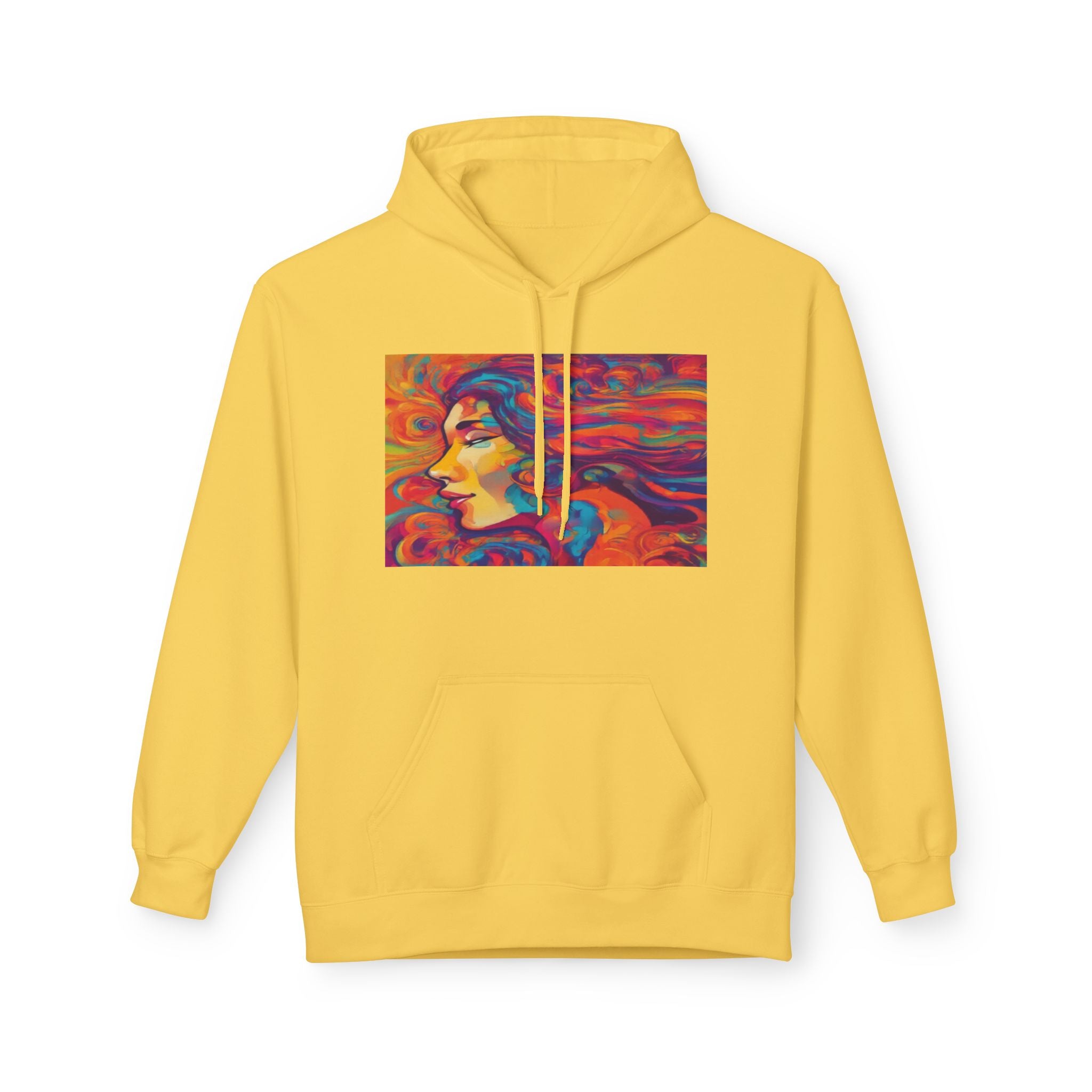 Colorful 1970s Psychedelic Woman Portrait Hoodie — Vibrant Retro Art Pullover