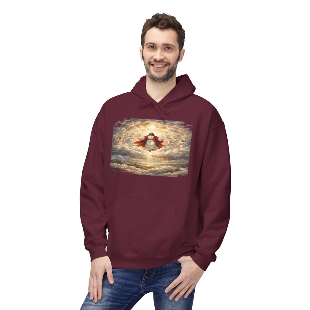 Jesus Christ Second Coming-Angel in the Clouds Hoodie — Spiritual Sunrise Graphic Hoodie