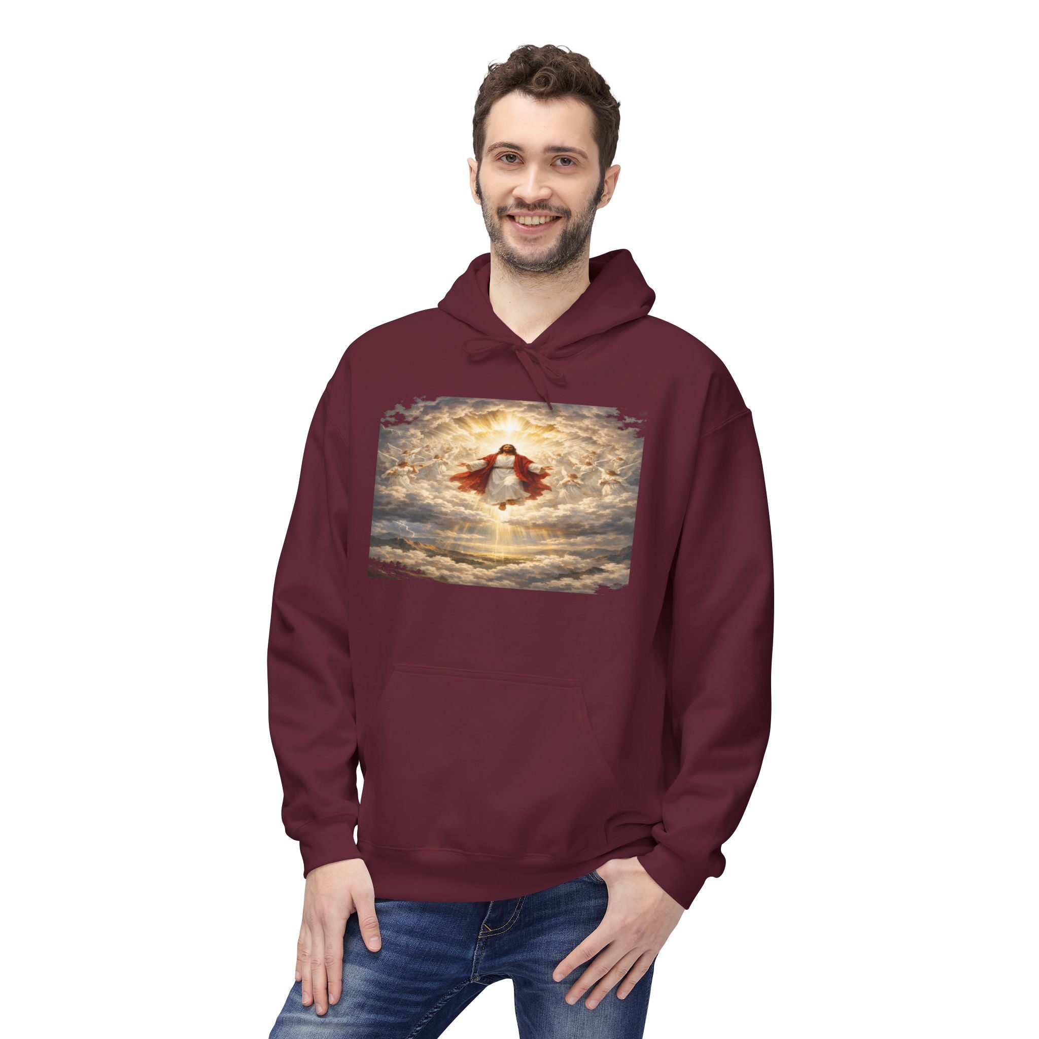 Jesus Christ Second Coming-Angel in the Clouds Hoodie — Spiritual Sunrise Graphic Hoodie