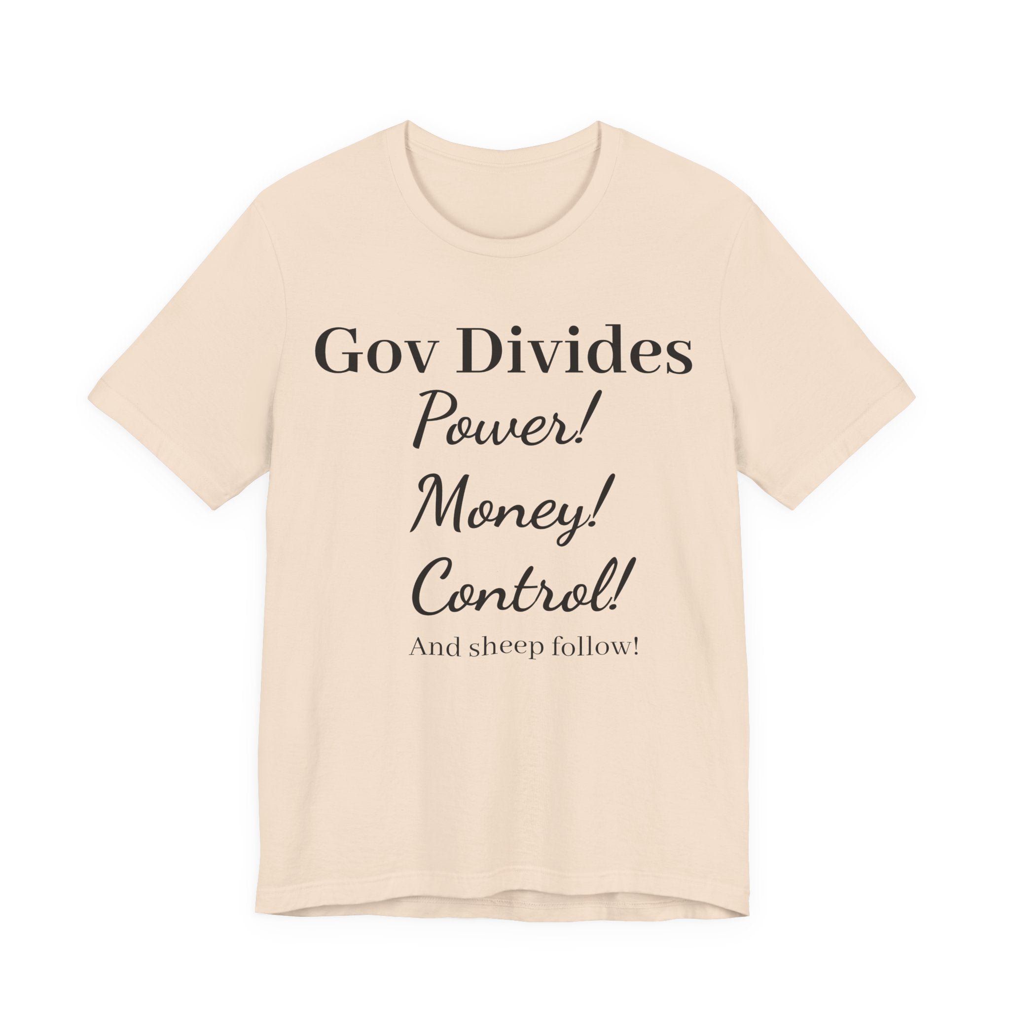 Gov Divides T‑Shirt – "Gov Divides: Power! Money! Control!" Political Statement Tee