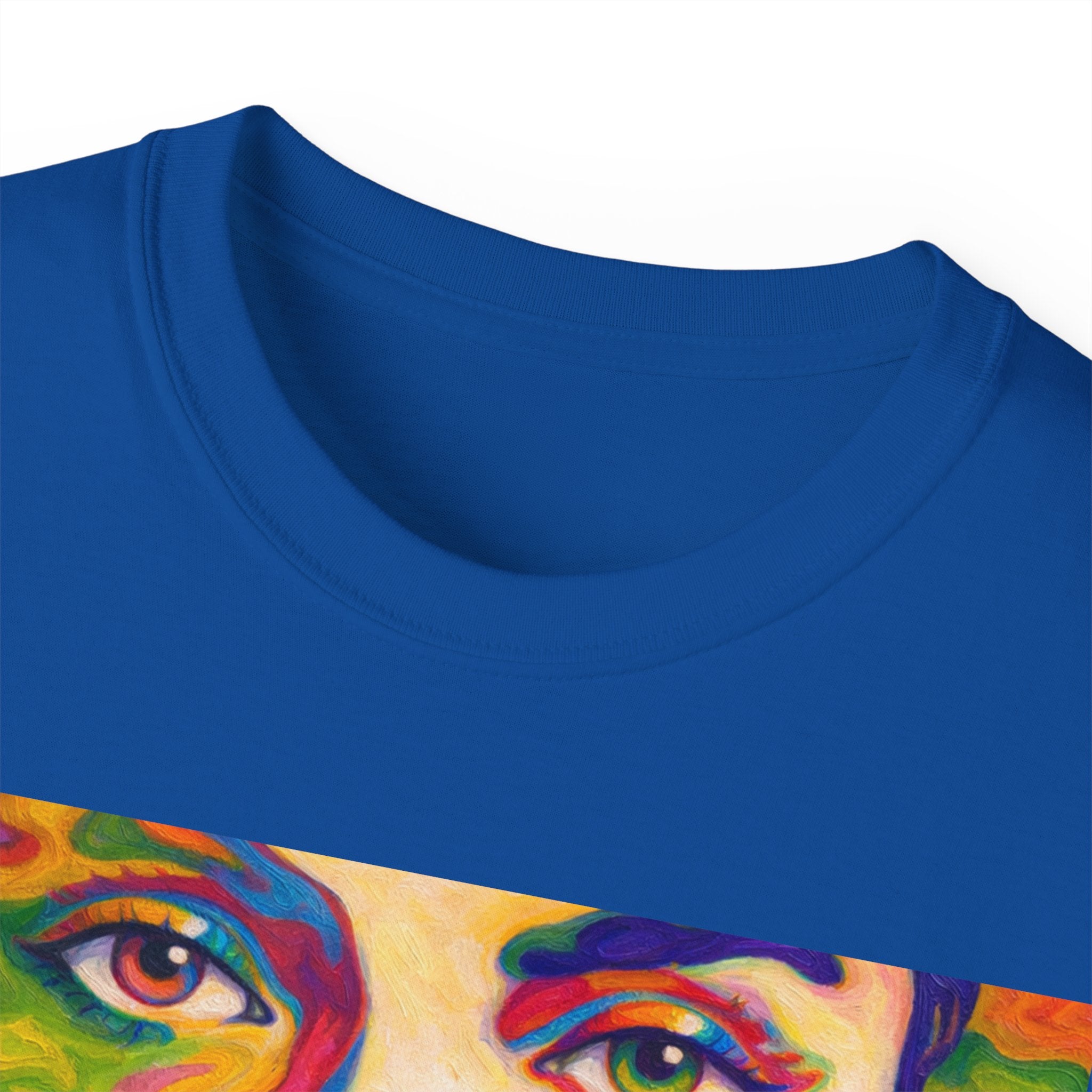 Psychedelic Portrait Cotton T‑Shirt — Colorful Retro Face Art Tee