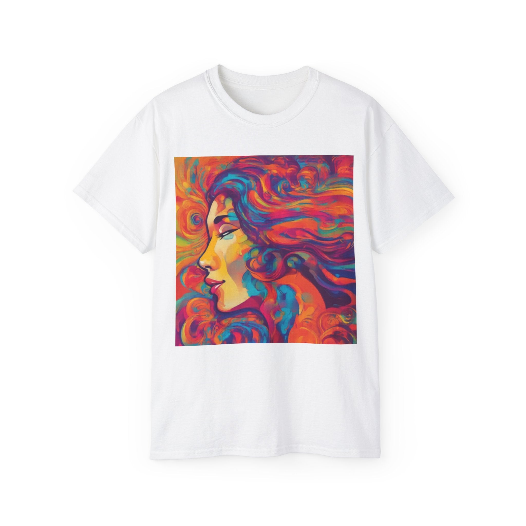 Psychedelic Woman Portrait cotton Tee — Vibrant Colorful Art T-Shirt
