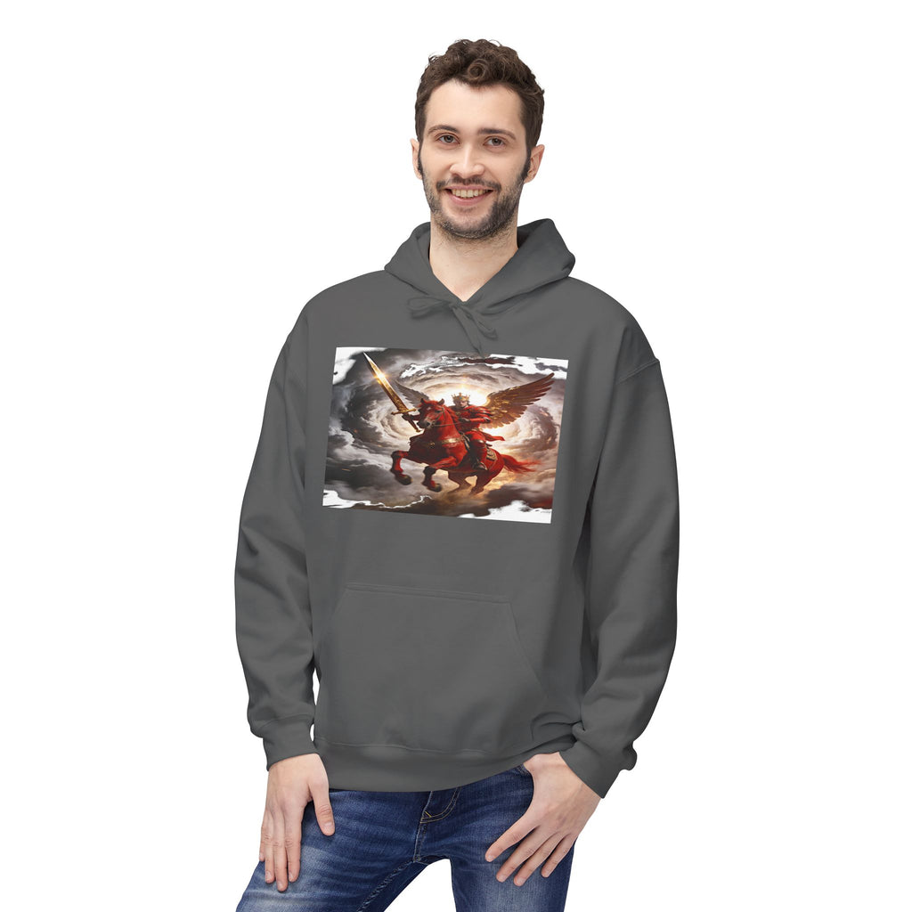 The red horse from Revelation 6:3-4 Angel Warrior Hoodie — Dramatic Archangel Battle Graphic Pullover