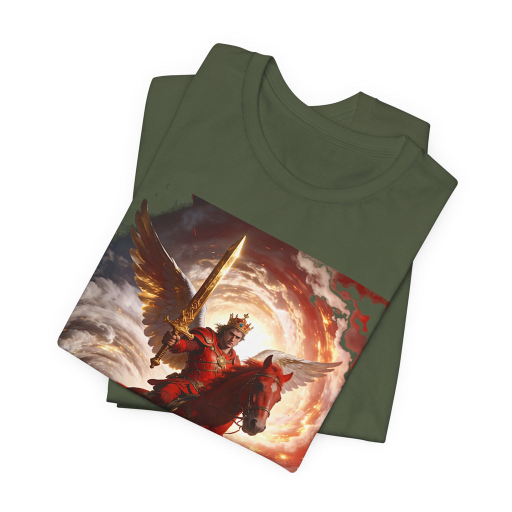 The red horse from Revelation 6:3-4-Winged Knight Riding Red Horse Graphic Tee — Warrior T-Shirt