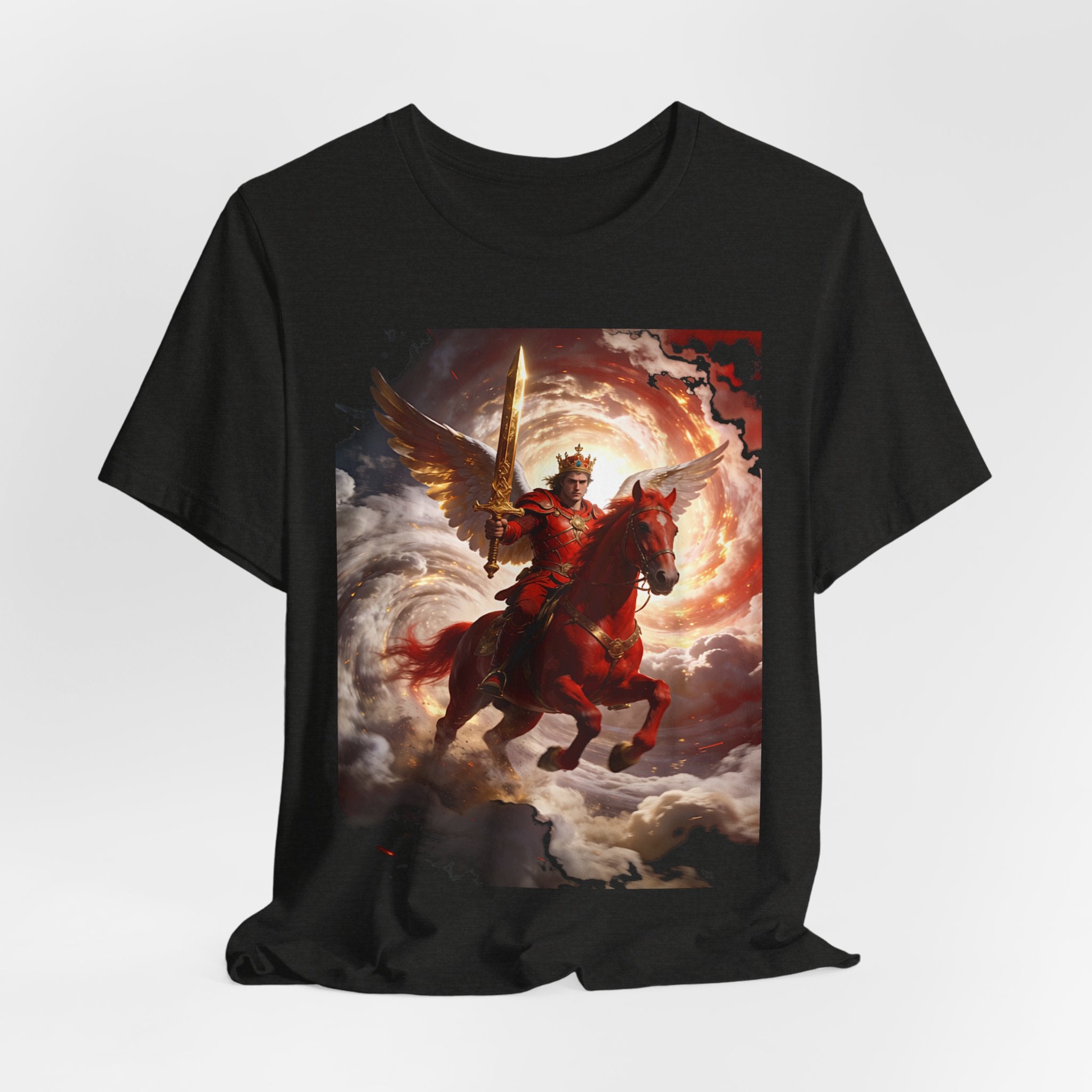 The red horse from Revelation 6:3-4-Winged Knight Riding Red Horse Graphic Tee — Warrior T-Shirt