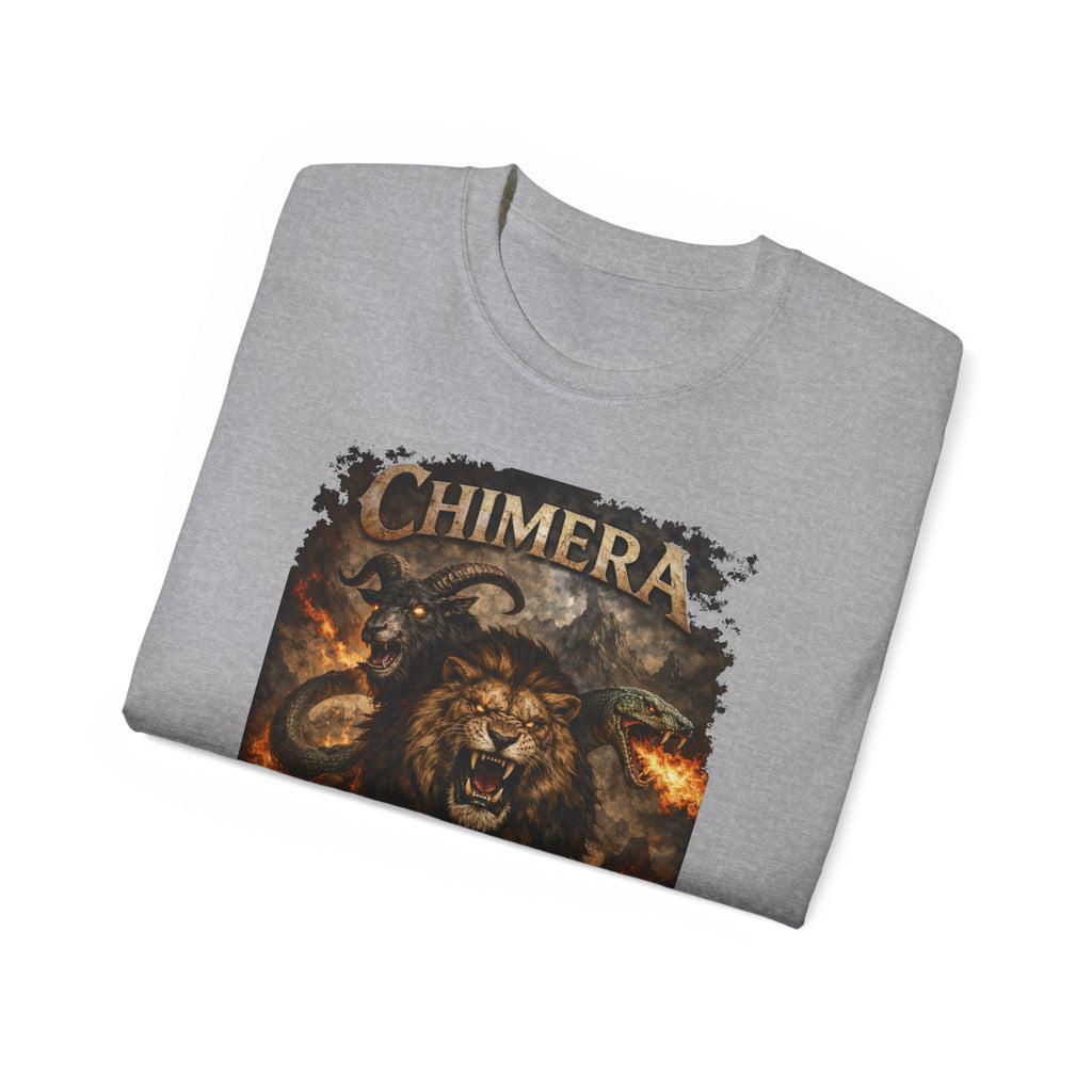 Chimera Mythical Beast - A Creature Born of Conflict Cotton Tee — Fierce Lion-Dragon Wolf Design