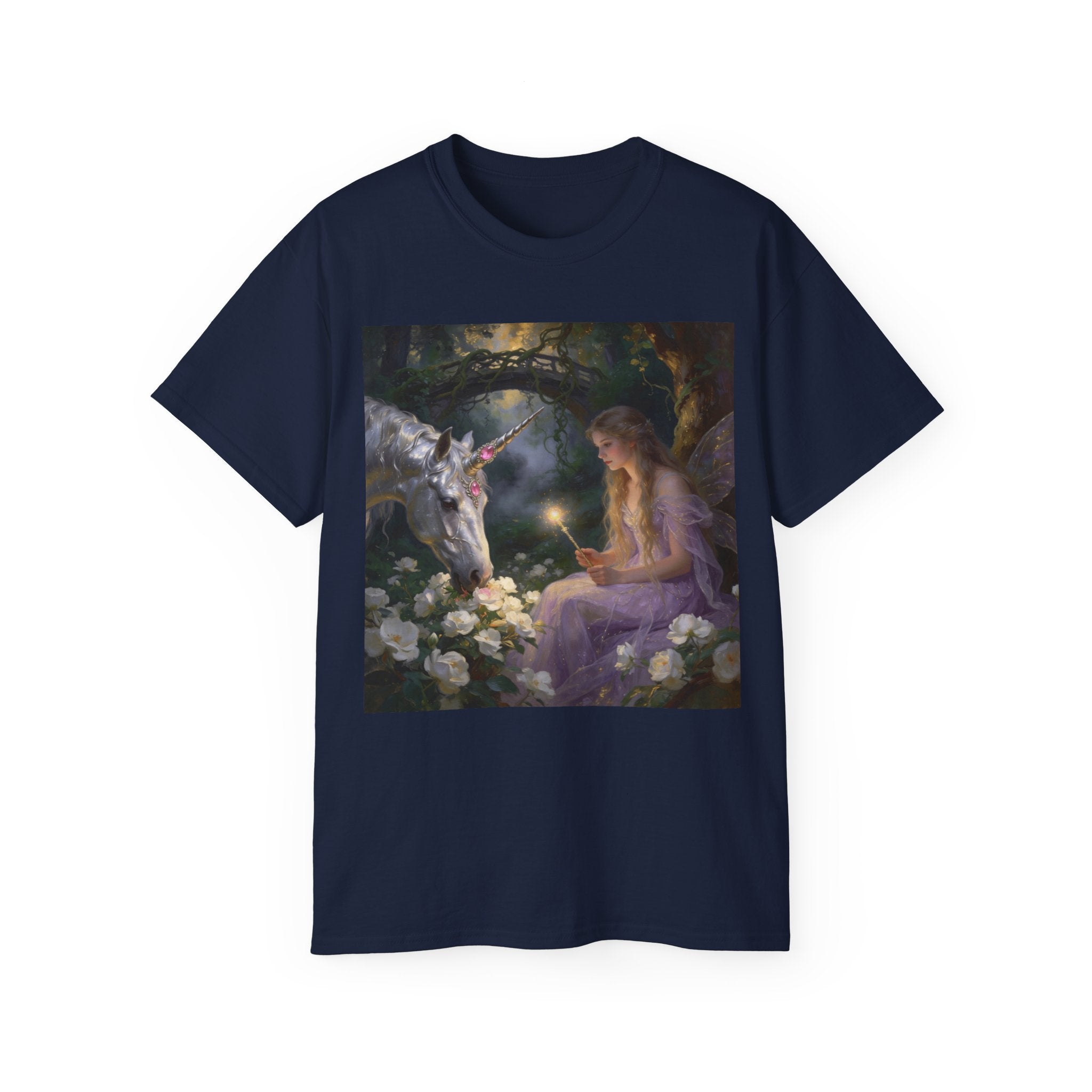 Unicorn Night Fairy Cotton T‑Shirt — Enchanted Girl & Unicorn Art Tee