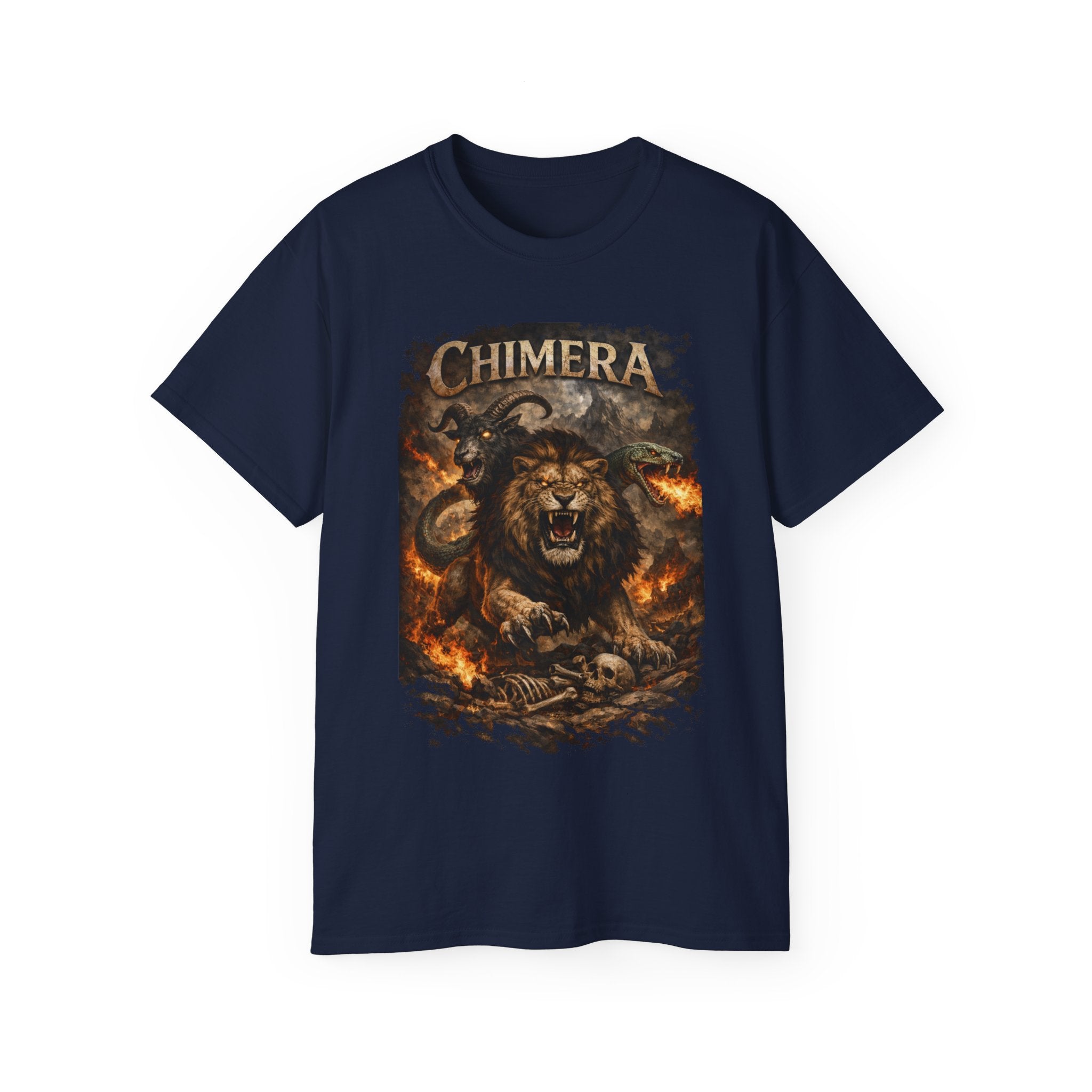 Chimera Mythical Beast - A Creature Born of Conflict Cotton Tee — Fierce Lion-Dragon Wolf Design